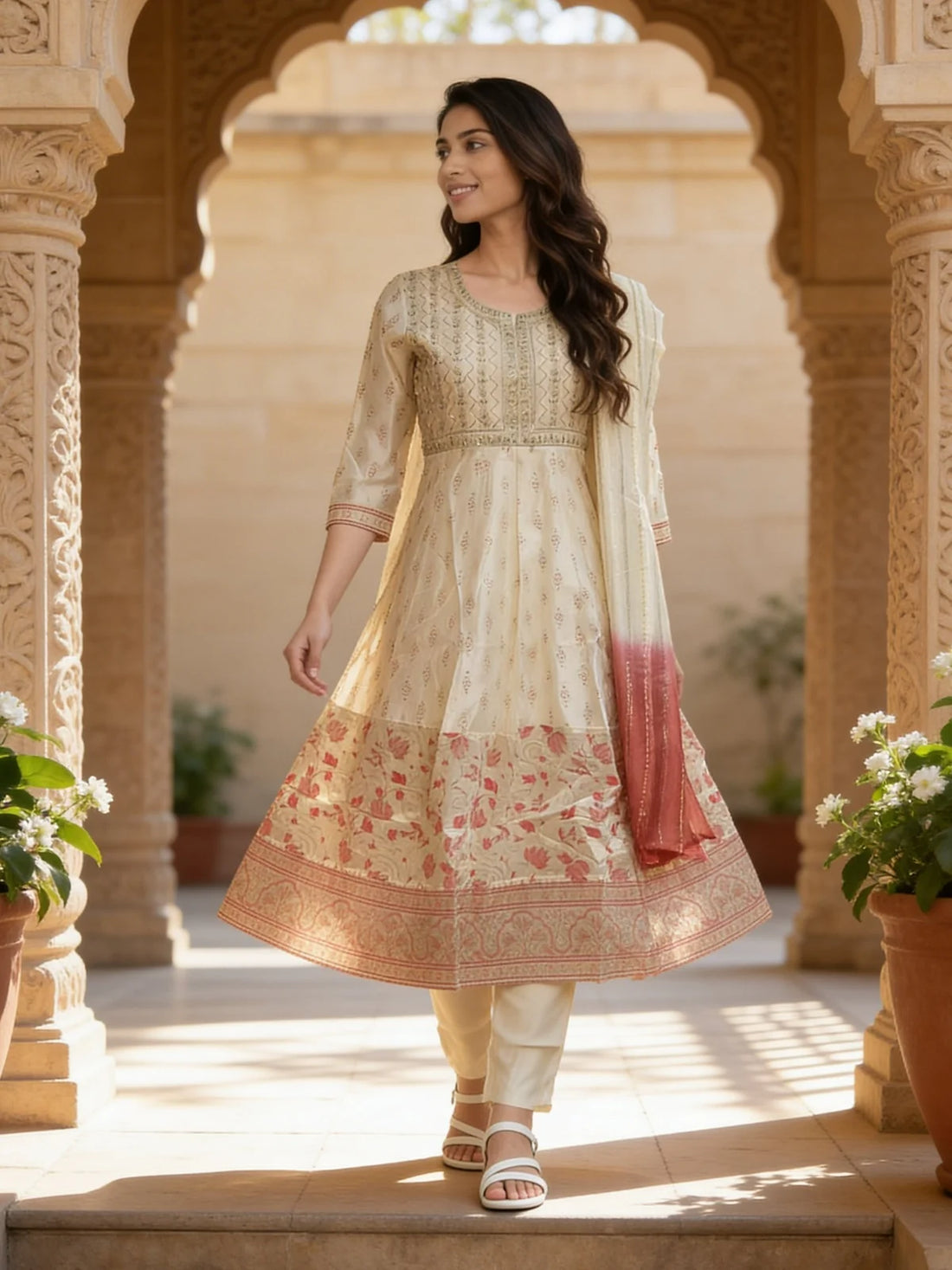 Buy Chanderi Embroidered Anarkali Calf Length Kurta With Pant and Dupatta-White