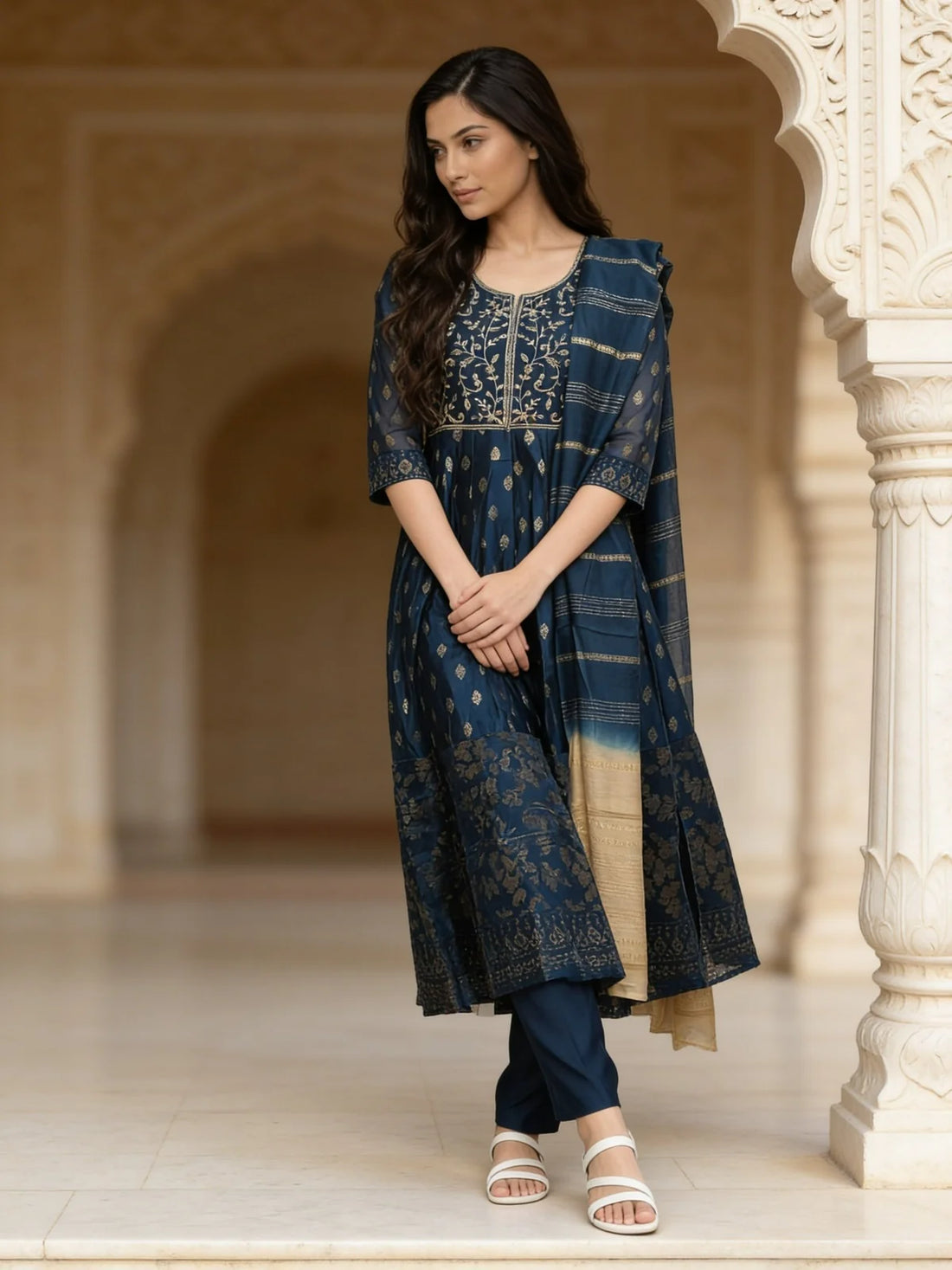 Buy Poly Viscose Embroidered Anarkali Calf Length Kurta With Pant and Dupatta-Blue