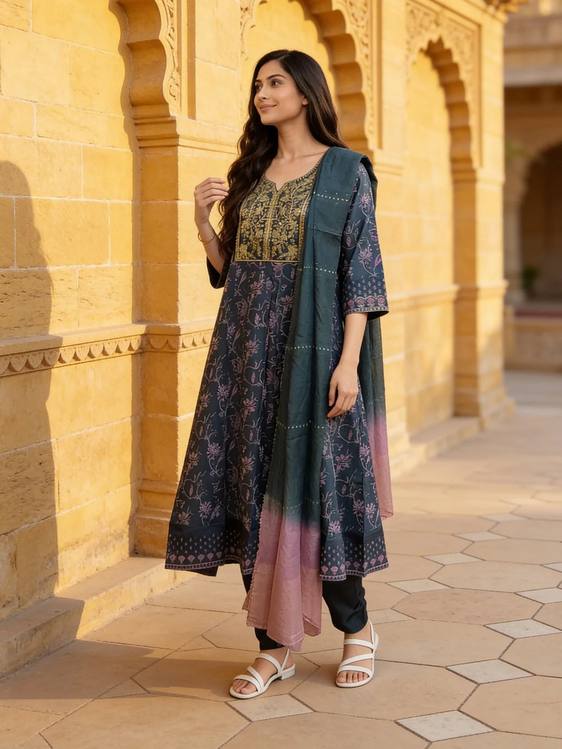 Buy Poly Viscose Embroidered Anarkali Calf Length Kurta With Pant and Dupatta-Blue