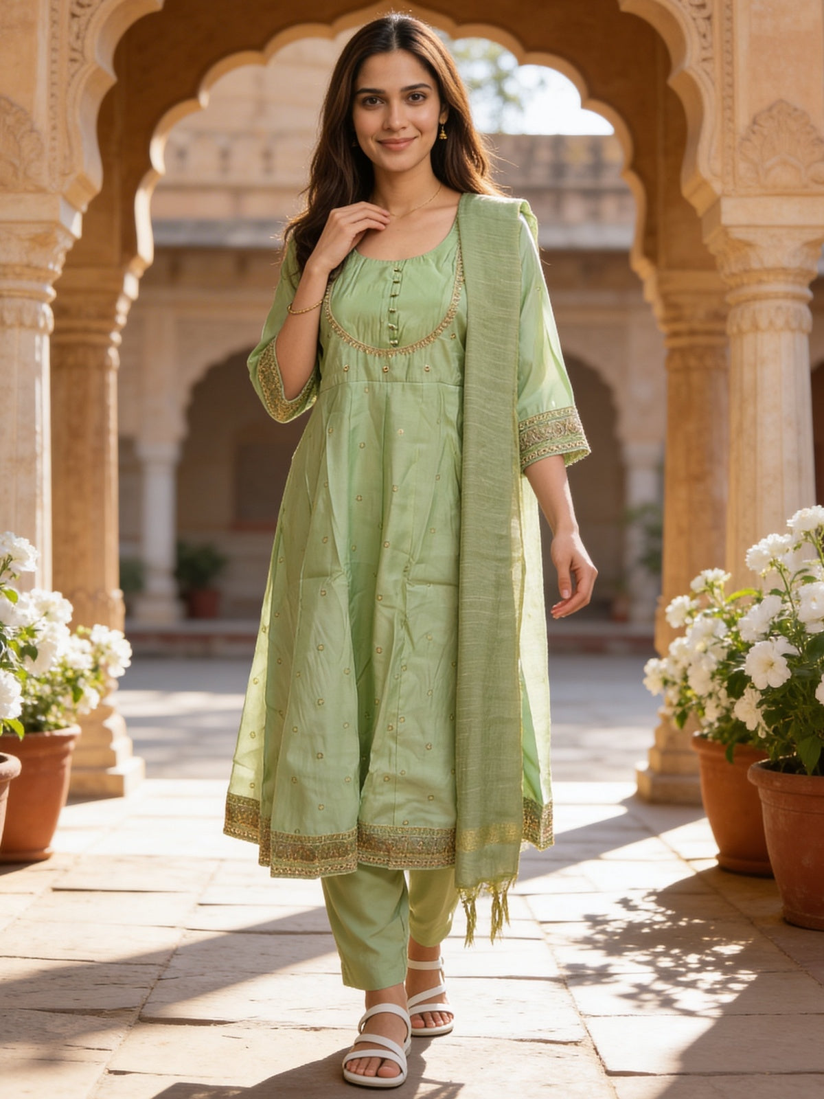 Poly Viscose Embroidered Anarkali Calf Length Kurta With Pant and Dupatta