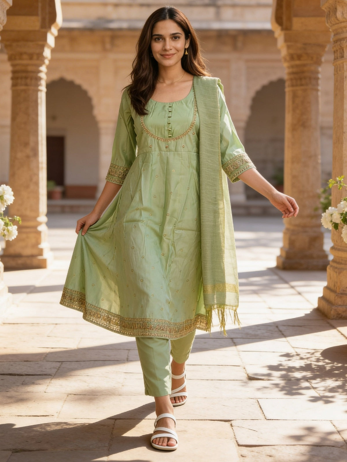 Poly Viscose Embroidered Anarkali Calf Length Kurta With Pant and Dupatta