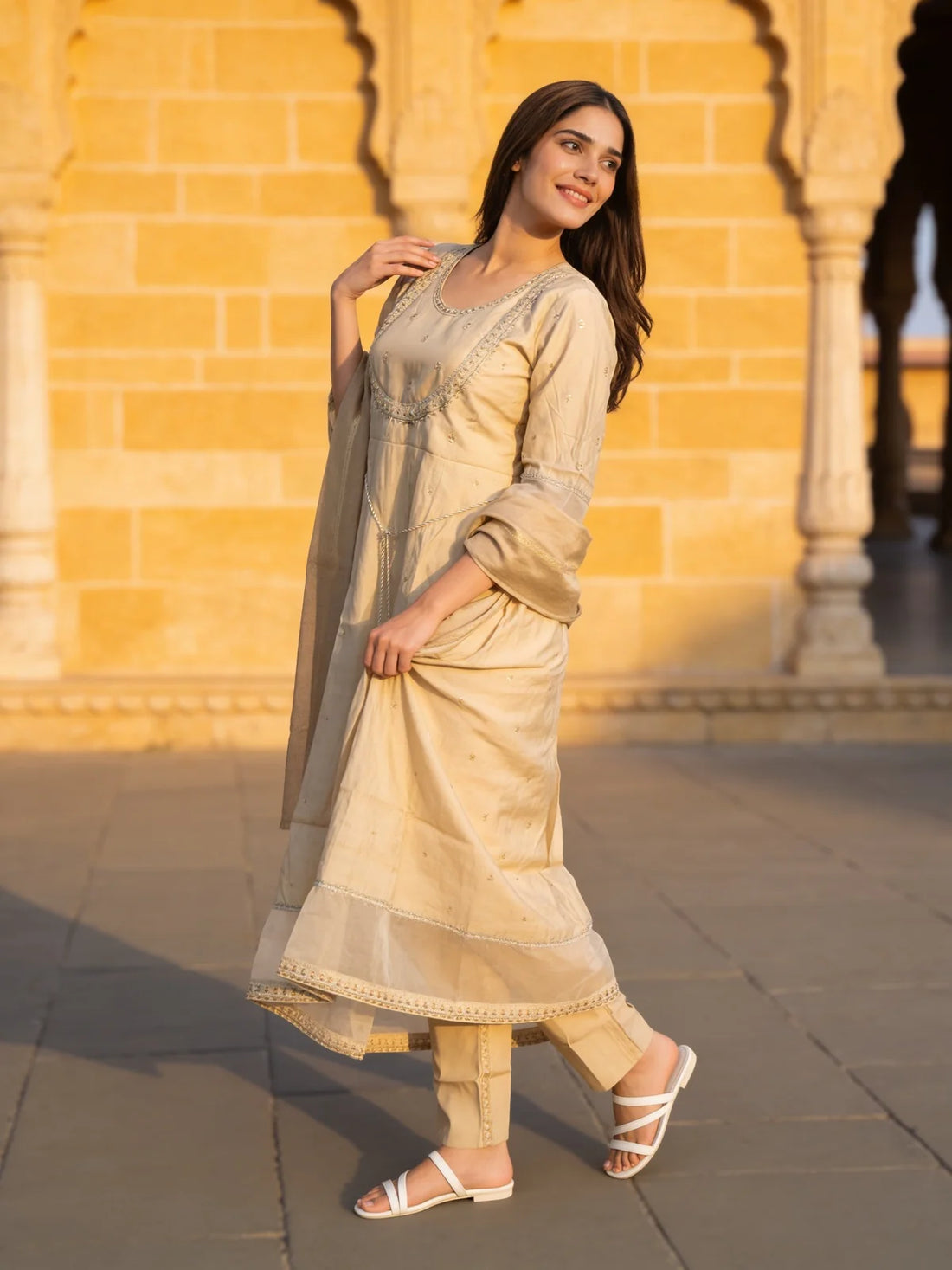 Buy Poly Viscose Embroidered Anarkali Calf Length Kurta With Pant and Dupatta-Beige