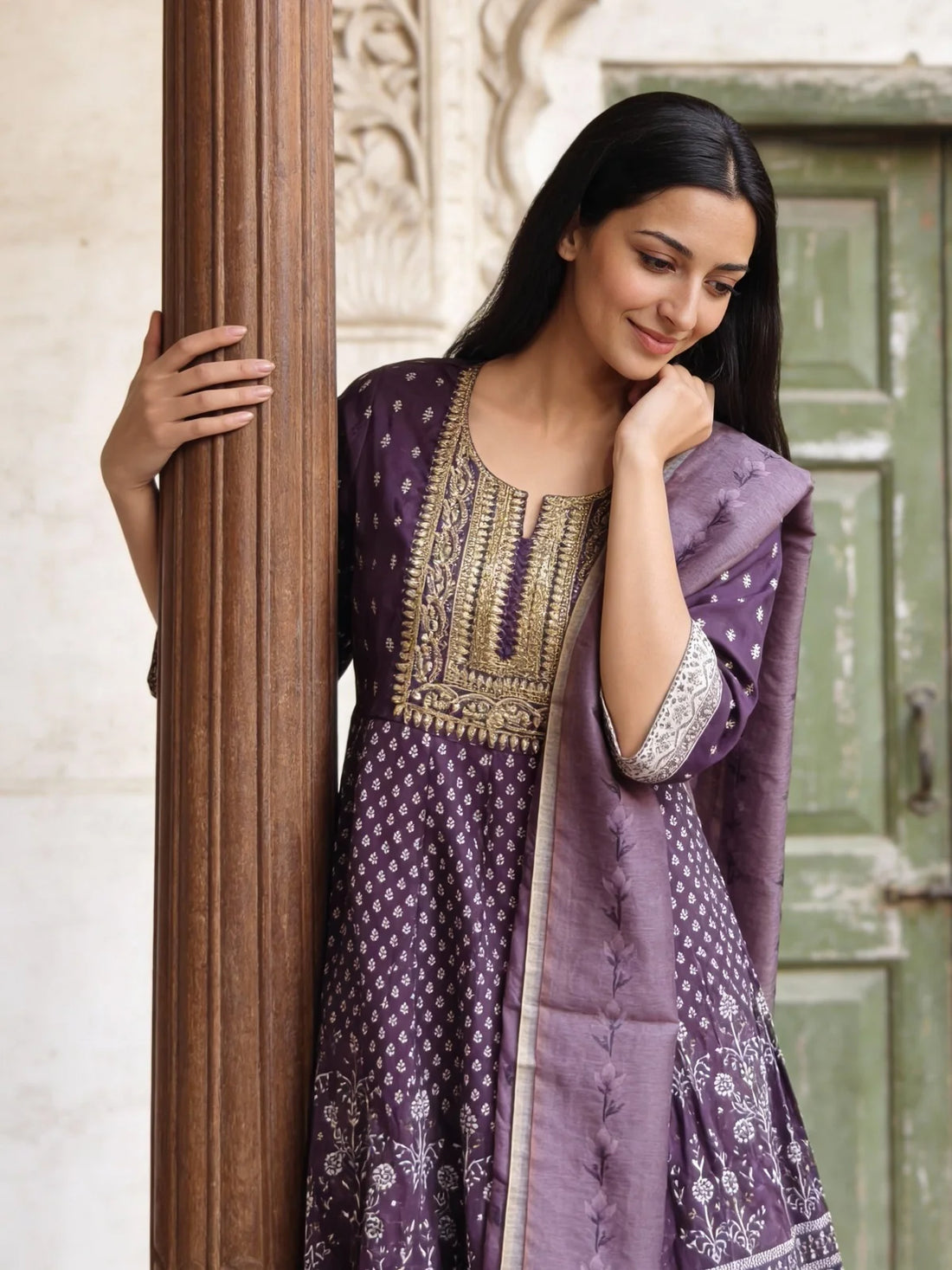 Buy Poly Viscose Embroidered Anarkali Calf Length Kurta and Pant With Dupatta-Purple