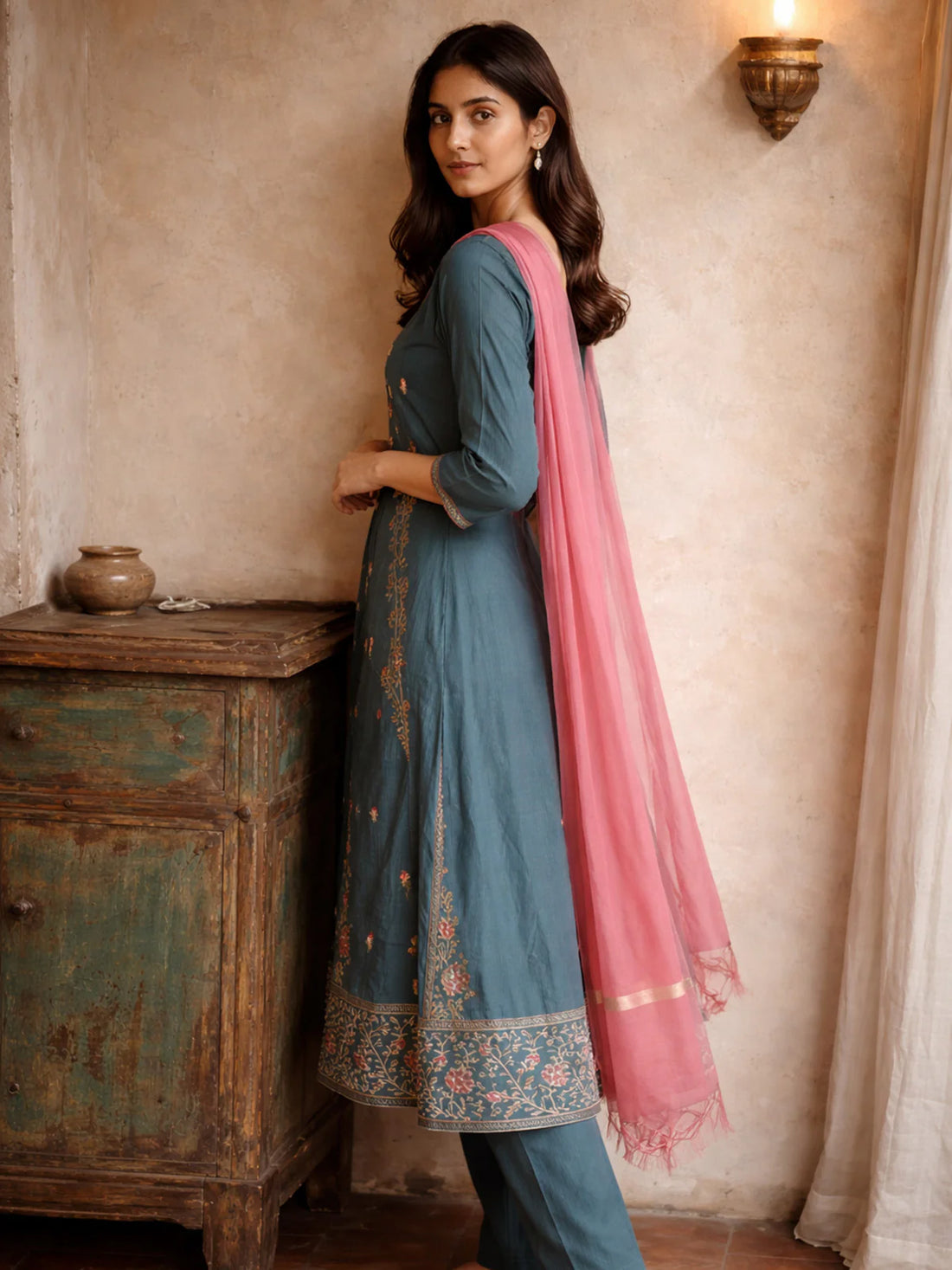 Buy Poly Viscose Embroidered Anarkali Calf Length Kurta with Pant and Dupatta-Green