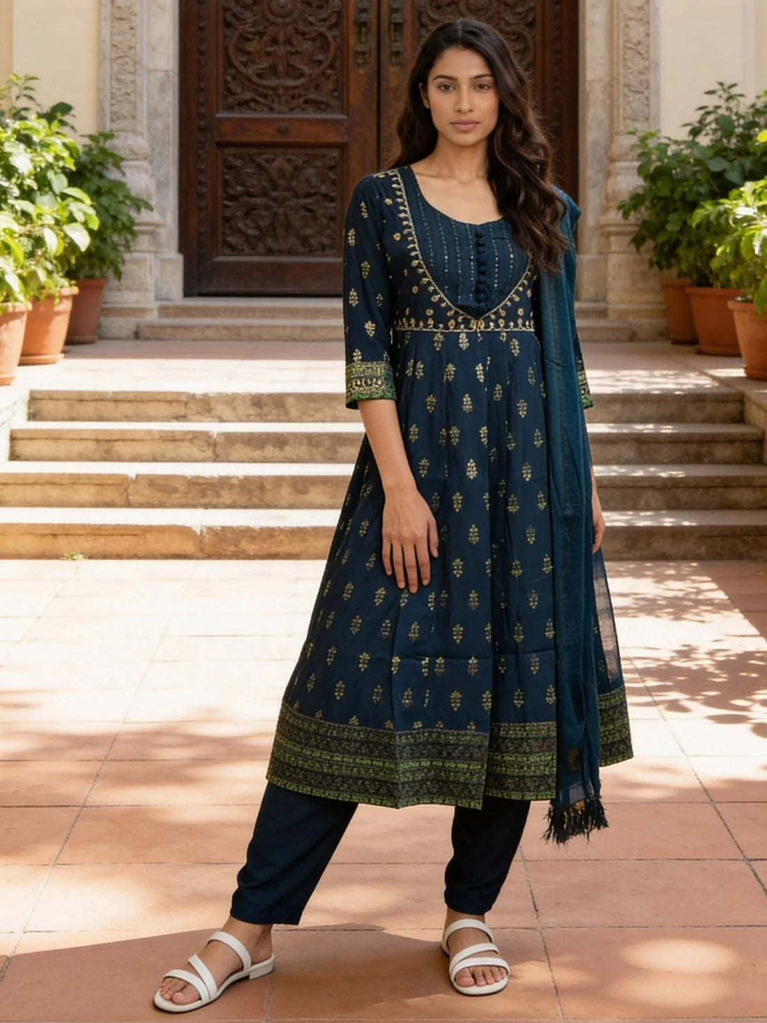 Buy Blue Poly Viscose Embroidered Anarkali Calf Length Kurta With Pant and Dupatta-Blue