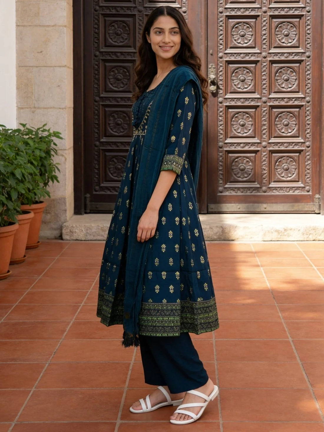 Buy Blue Poly Viscose Embroidered Anarkali Calf Length Kurta With Pant and Dupatta-Blue