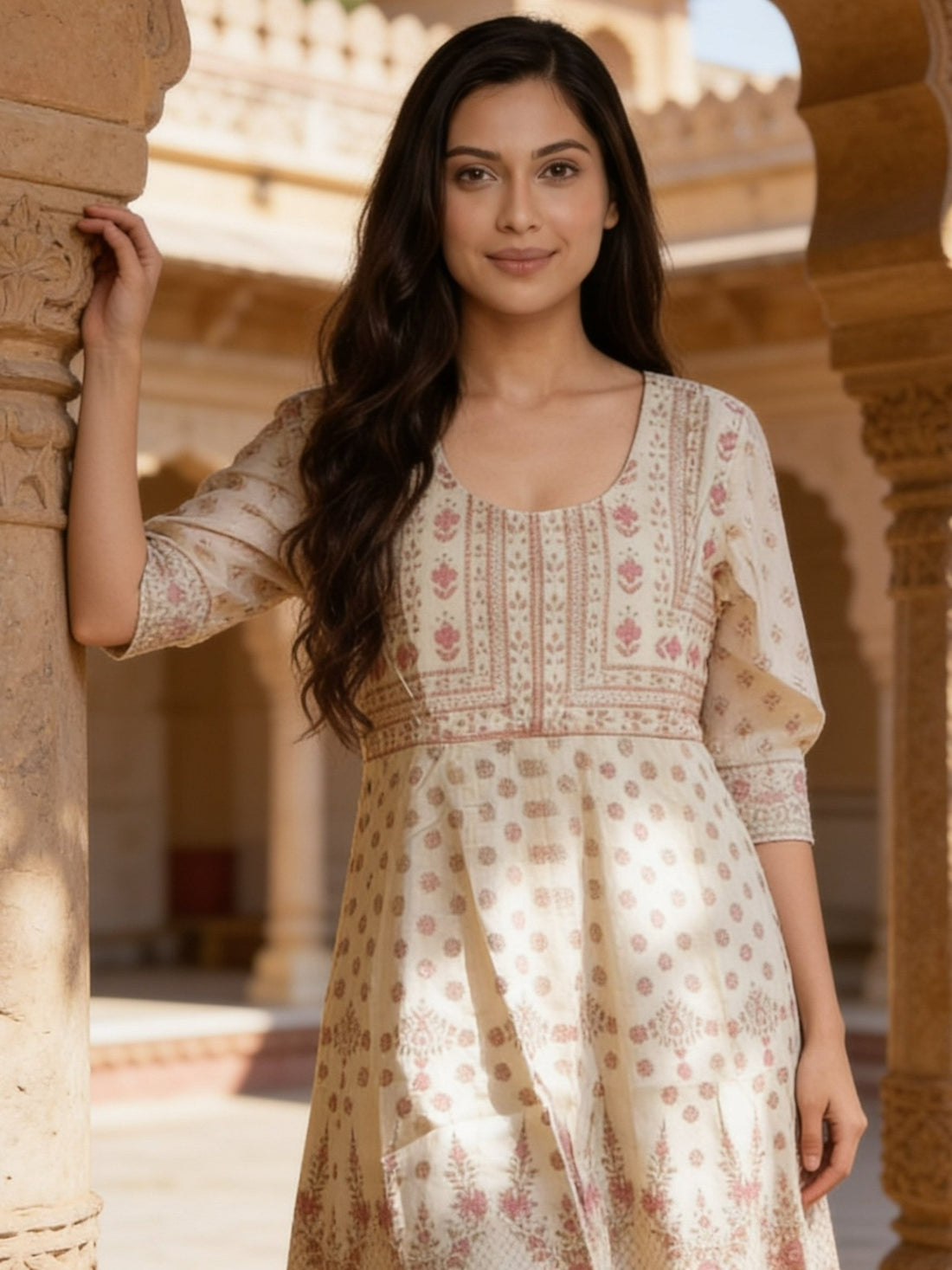 Buy Poly Viscose Printed Flared Calf Length Kurta With Pant and Dupatta-Off White