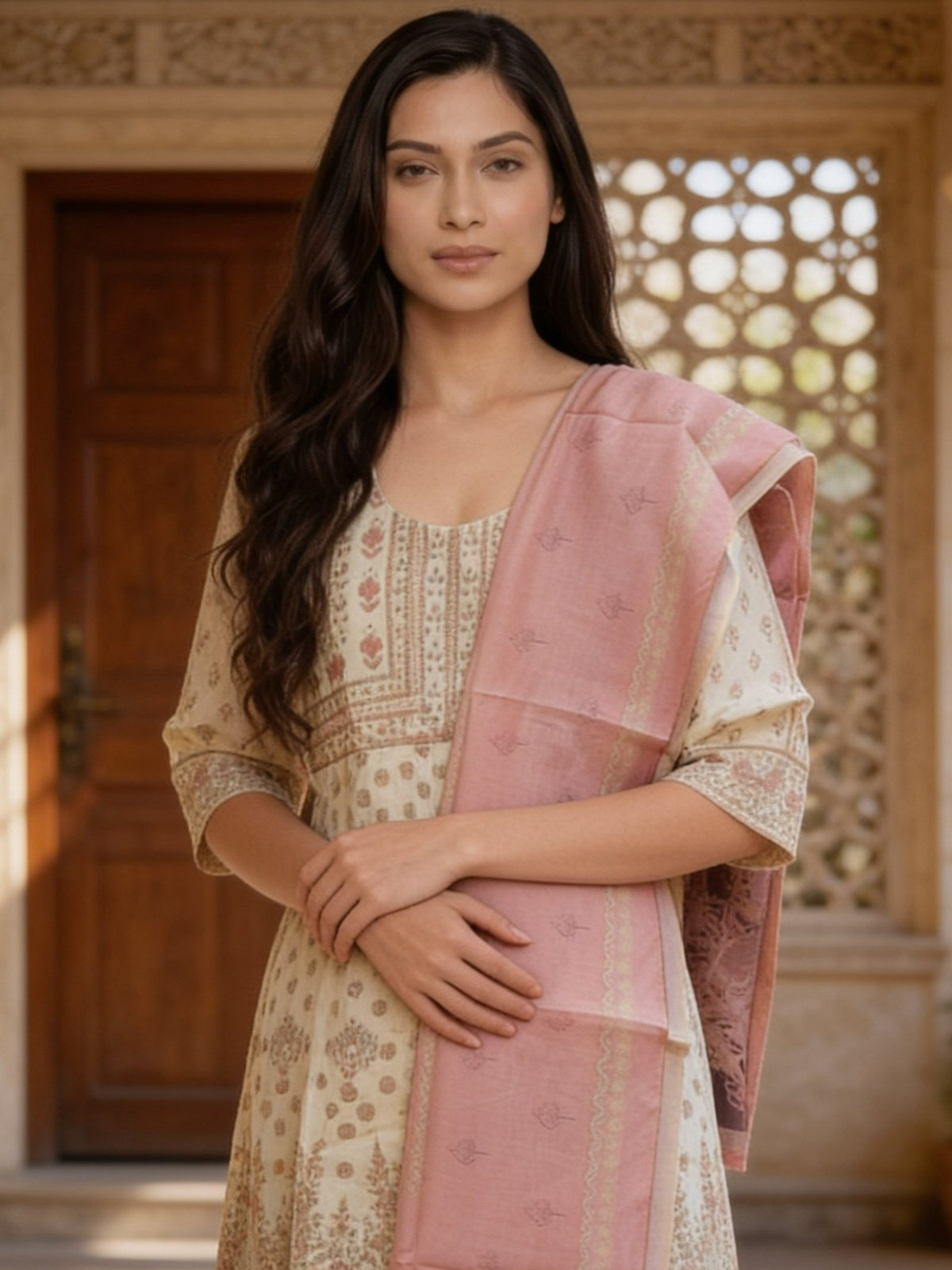 Poly Viscose Printed Flared Calf Length Kurta With Pant and Dupatta