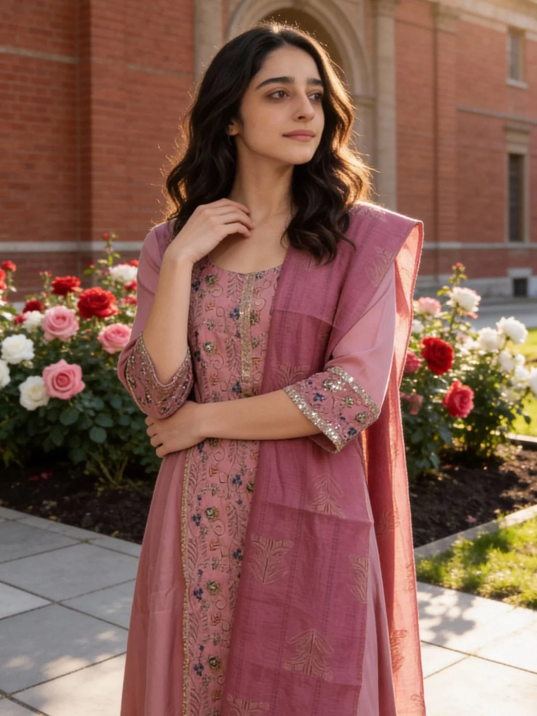 Buy Chanderi Embroidered A-Line Calf Length Kurta and Pant with Dupatta-Pink