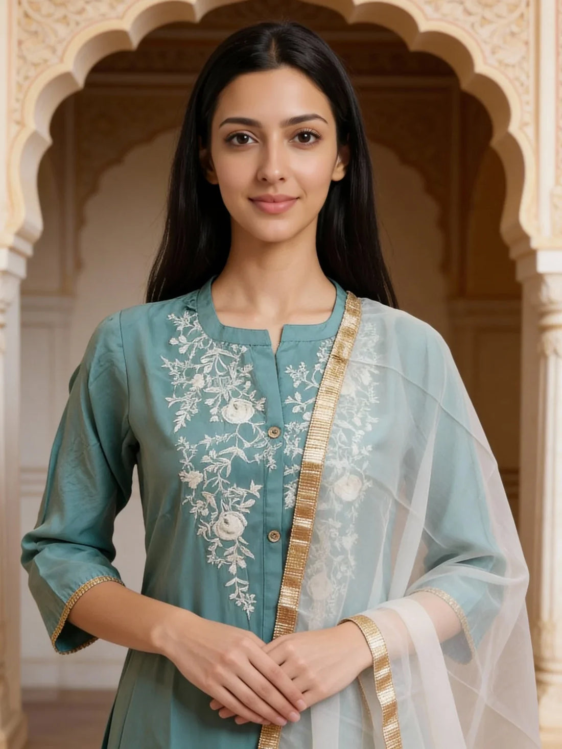 Buy Poly Viscose Embroidered Anarkali Calf Length Kurta with Pant and Dupatta-Teal