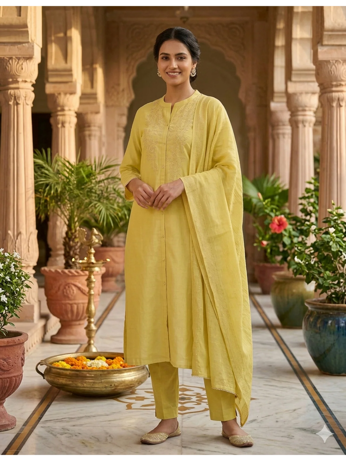 Buy Poly Viscose Embroidered A-Line Calf Length Kurta With Pant and Dupatta-Yellow