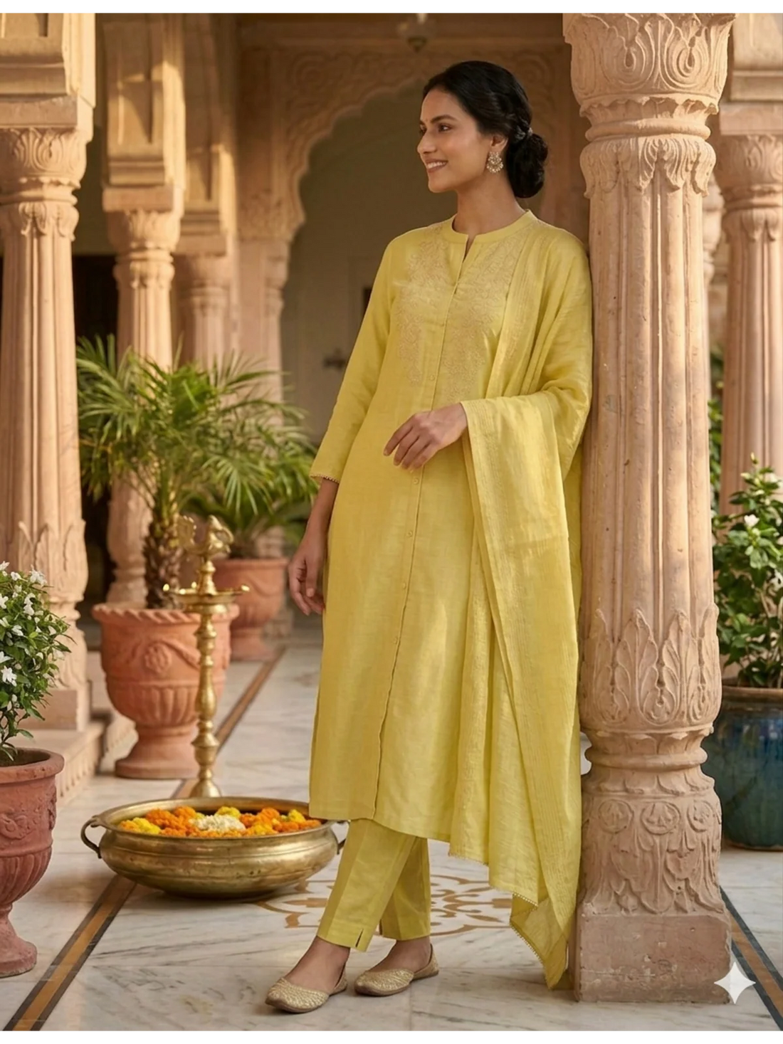 Buy Poly Viscose Embroidered A-Line Calf Length Kurta With Pant and Dupatta-Yellow