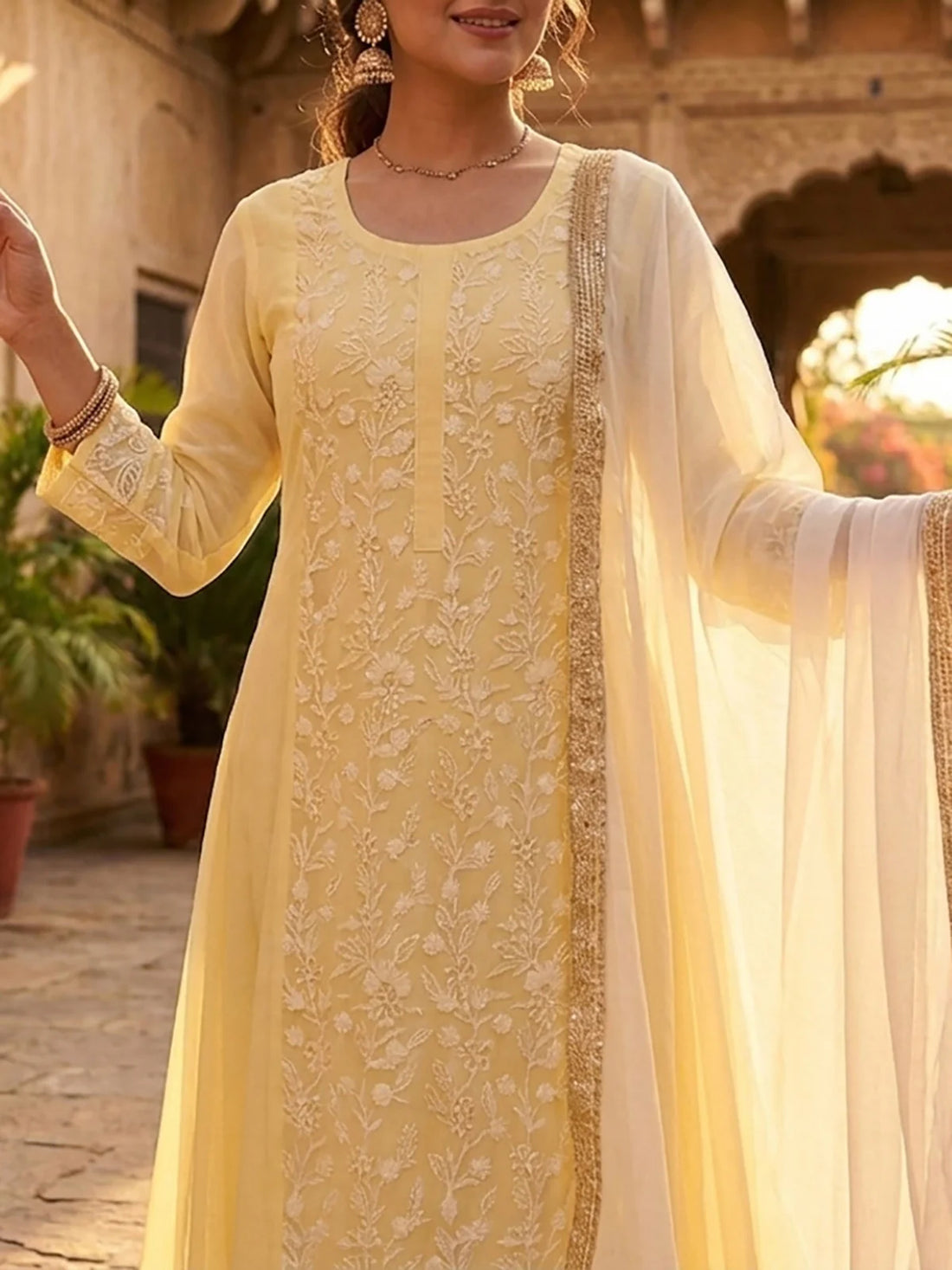 Buy Chanderi Embroidered Anarkali Calf Length Kurta With Pant and Dupatta-Yellow