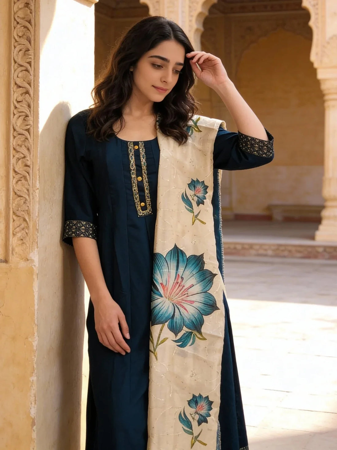 Buy Poly Viscose Embroidered Anarkali Calf Length Kurta and Pant with Dupatta-Teal