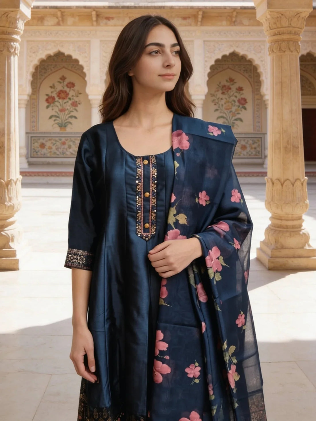 Buy Poly Viscose Embroidered Anarkali Calf Length Kurta with Pant and Dupatta-Blue