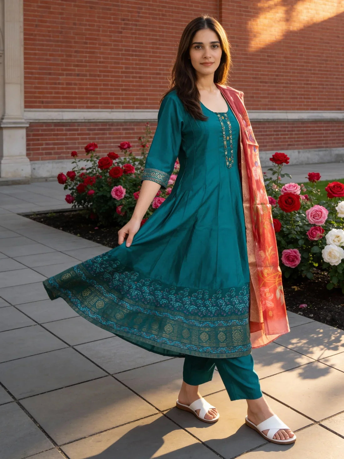 Buy Poly Viscose Embroidered Anarkali Calf Length Kurta with Pant and Dupatta-Turquoise