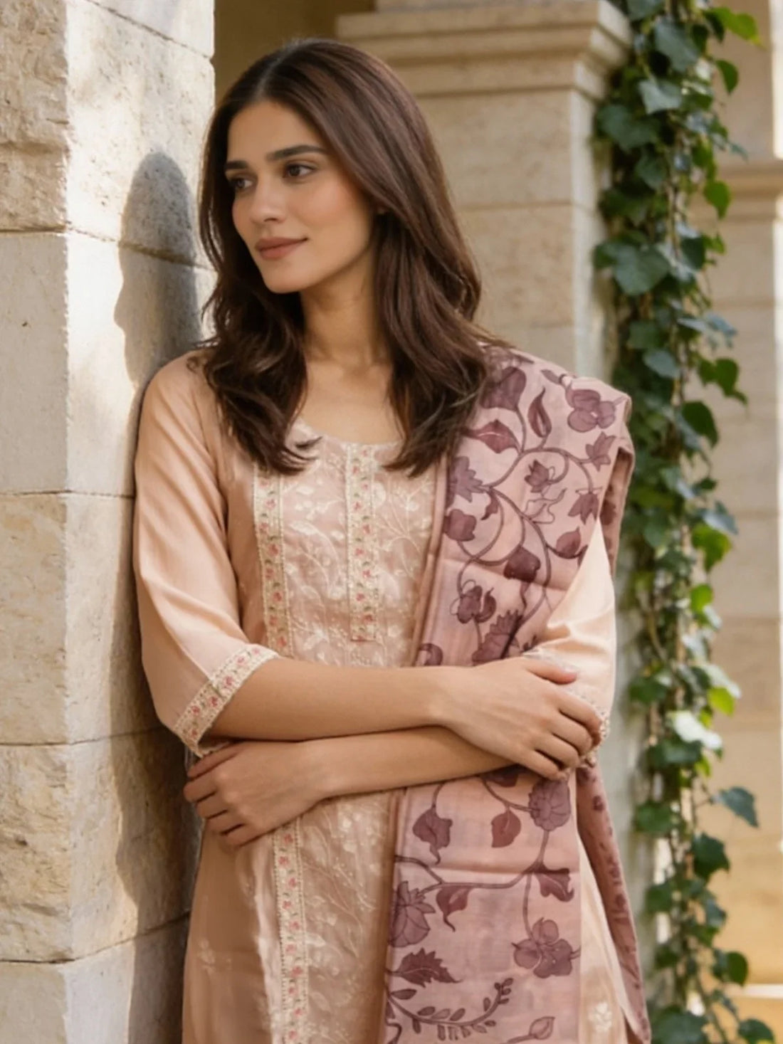 Buy Chanderi Embroidered Anarkali Calf Length Kurta with Pant and Dupatta-Peach