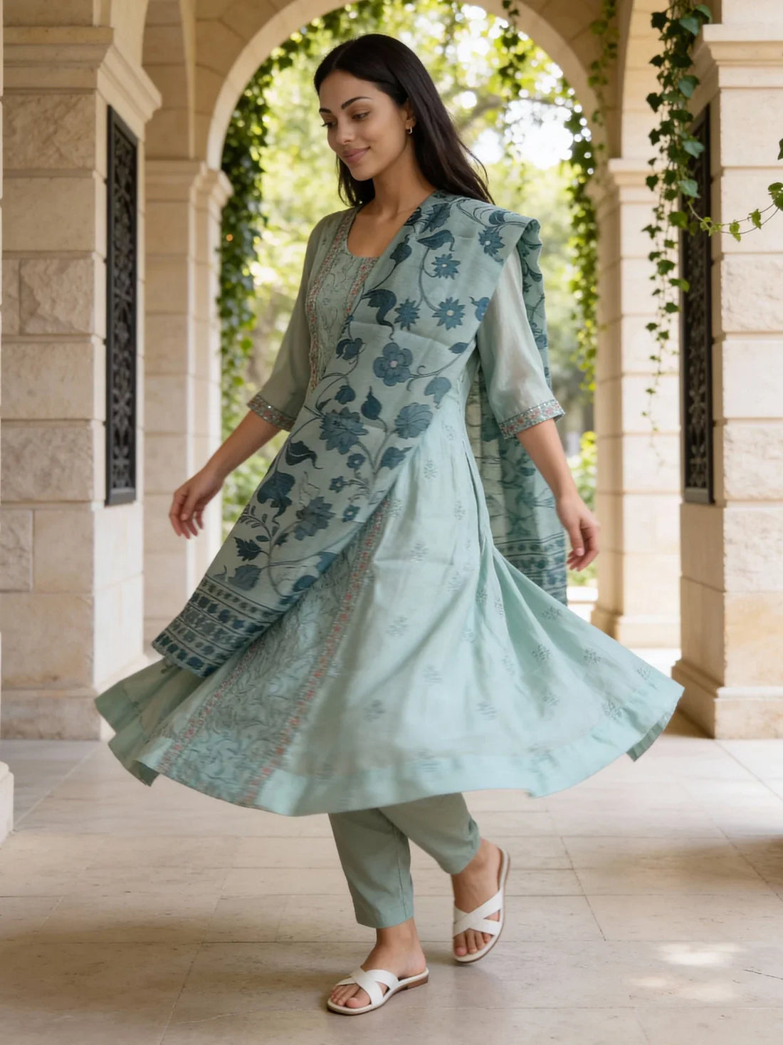 Buy Chanderi Embroidered Anarkali Calf Length Kurta with Pant and Dupatta-Blue