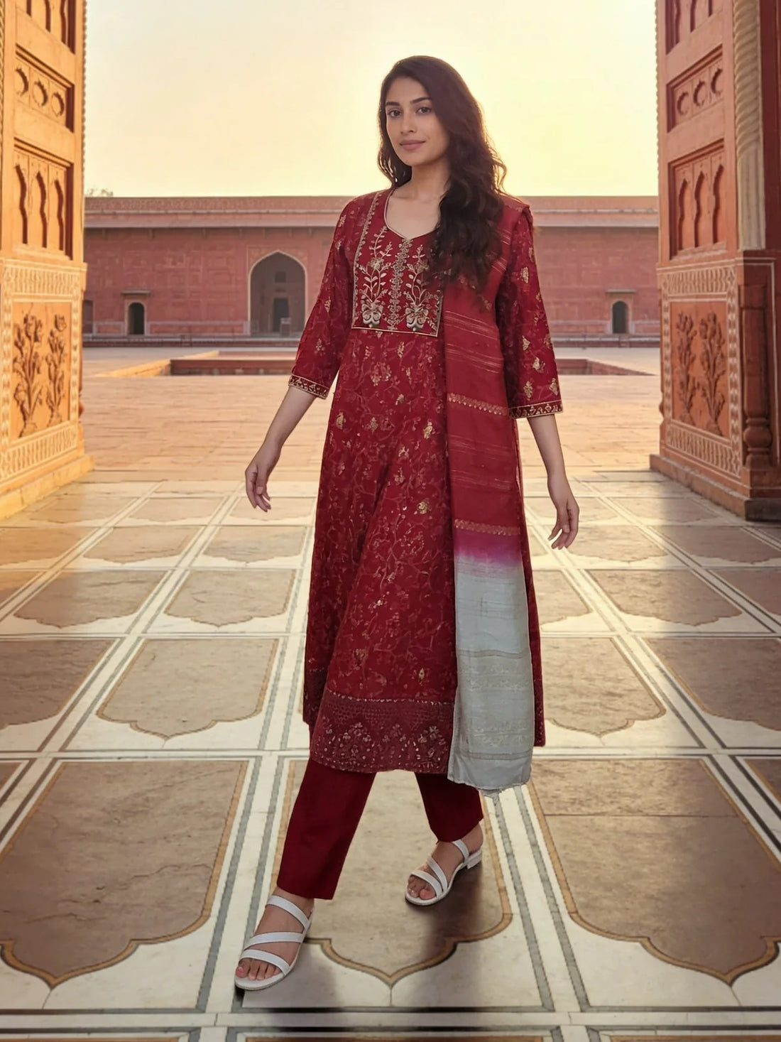 Buy Poly Viscose Embroidered Anarkali Calf Length Kurta With Pant and Dupatta-Red