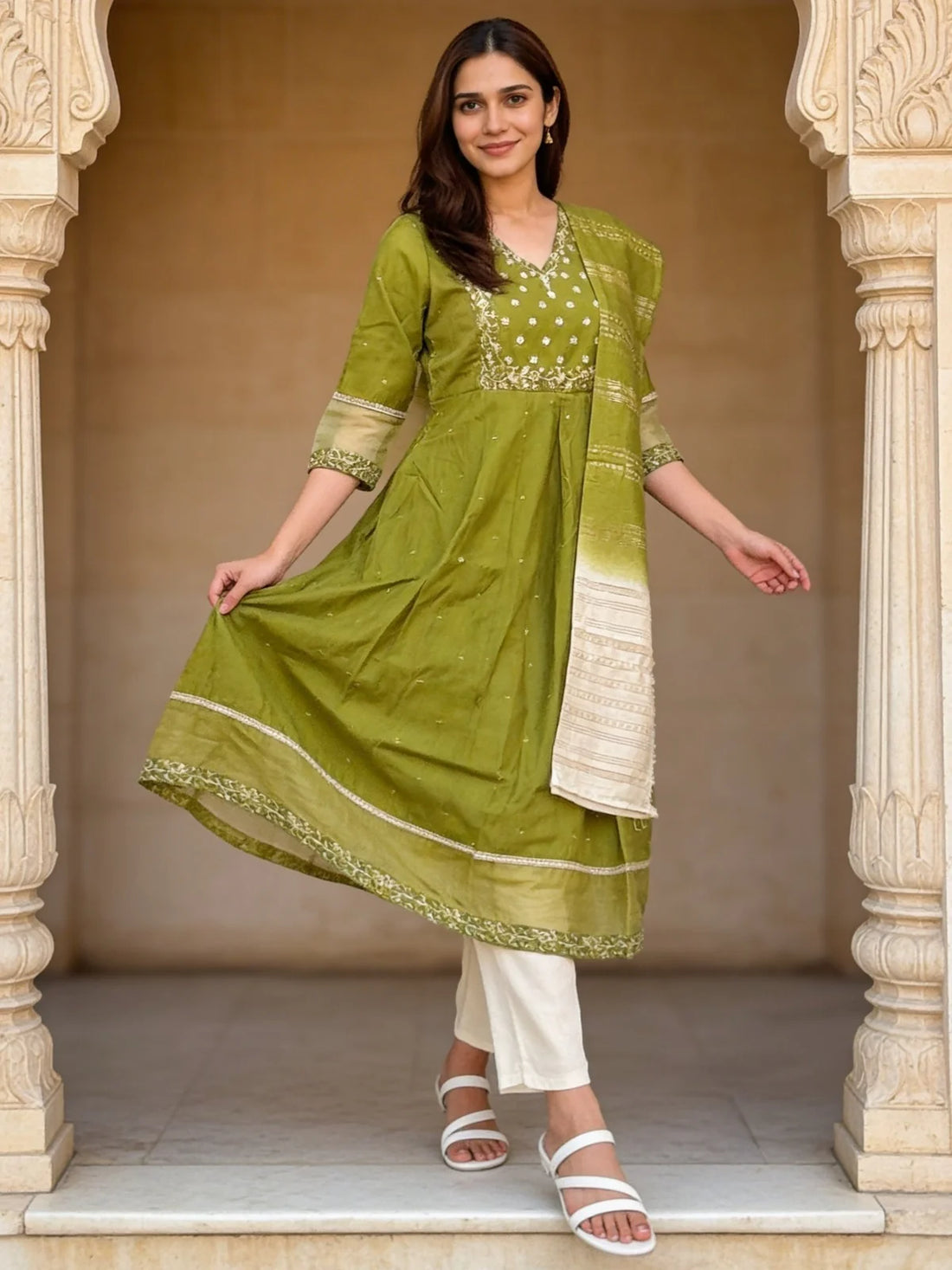 Buy Poly Viscose Embroidered Anarkali Calf Length Kurta With Pant and Dupatta-Green
