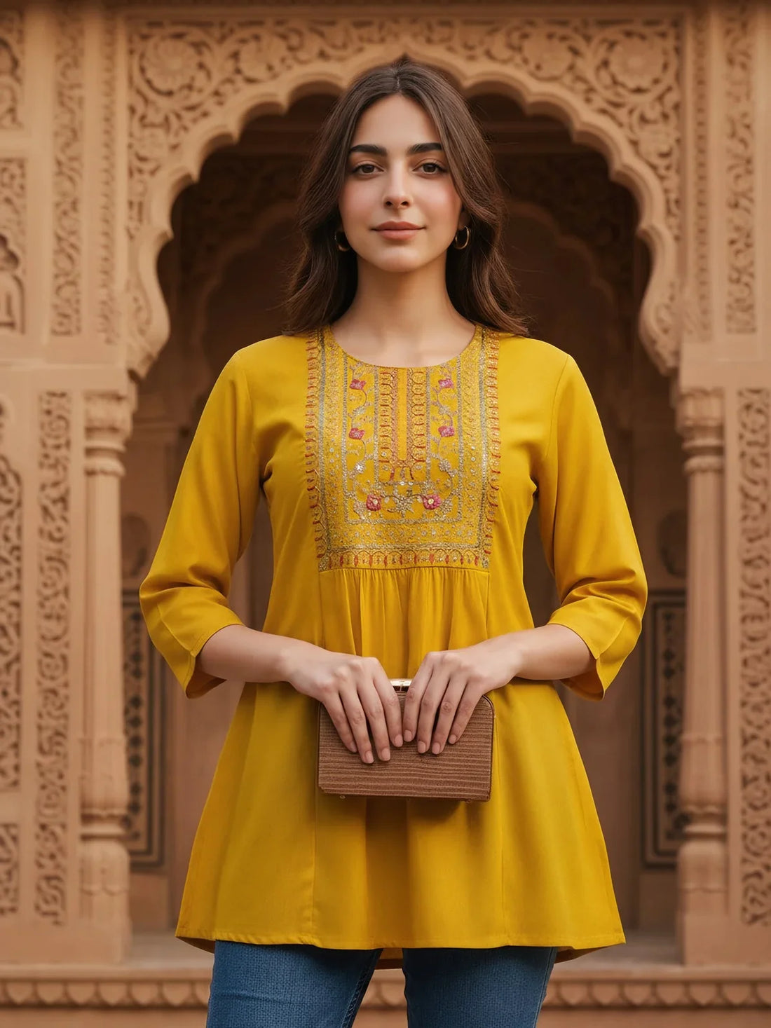 Buy Rayon Embroidered A-Line Short Length Short Kurti-Mustard