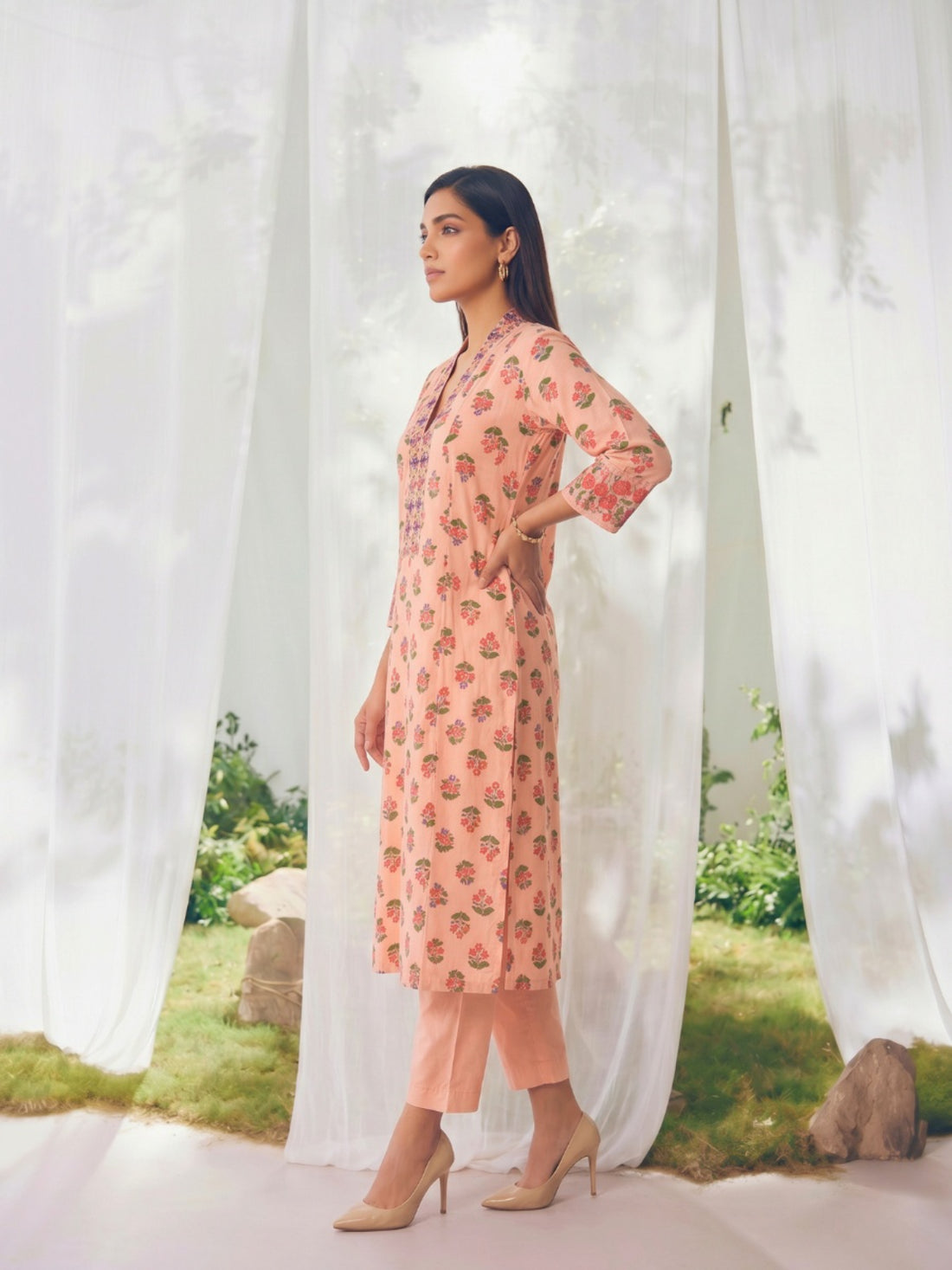 Buy Printed Straight Calf Length Kurta With Pant-Peach