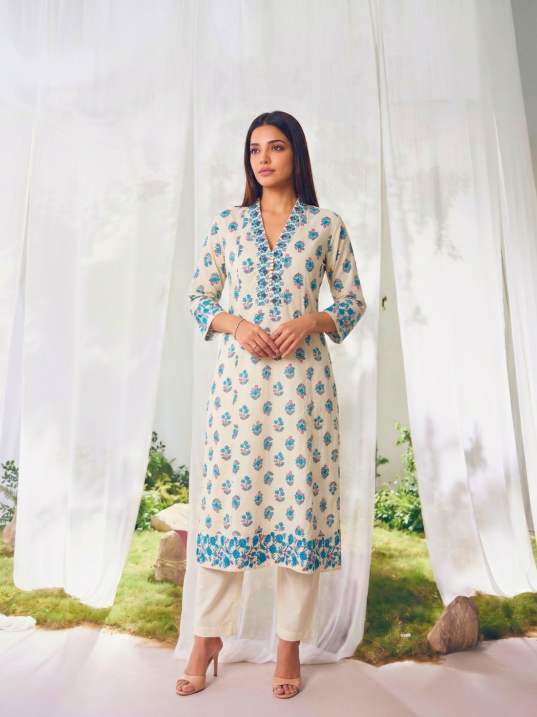 Buy Printed Straight Calf Length Kurta With Pant-Off White