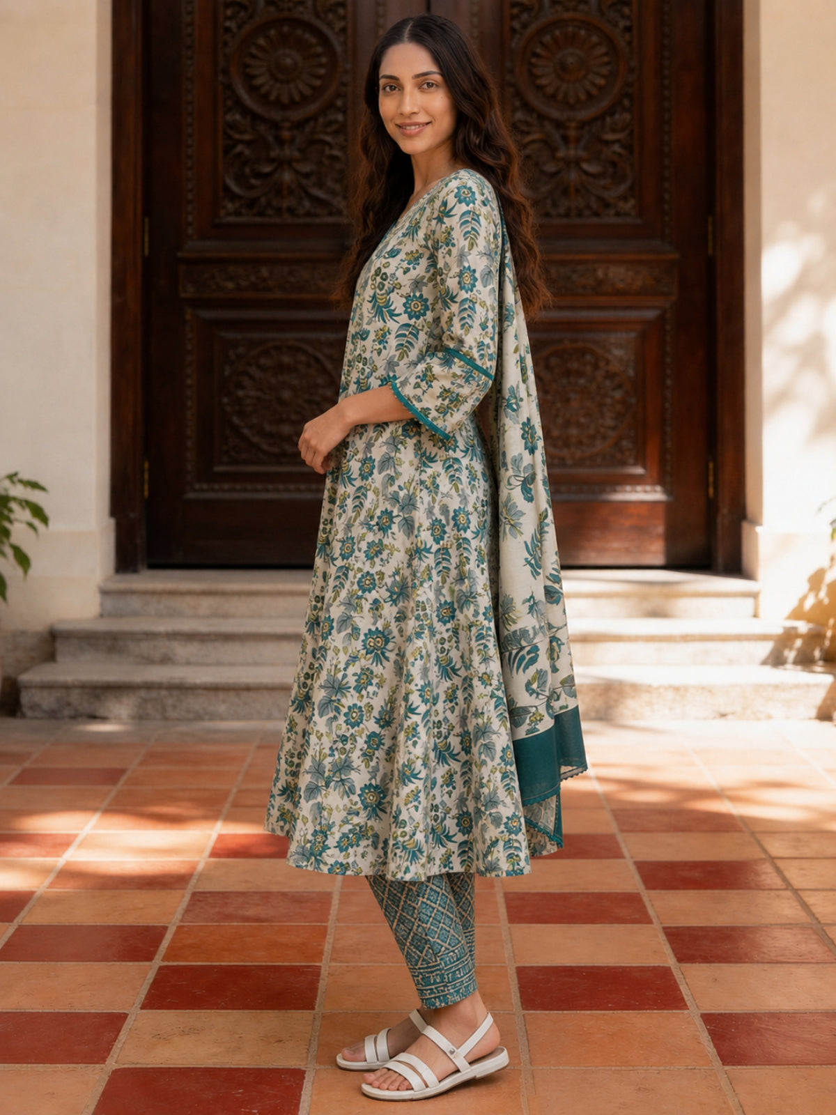 Printed Straight Calf Length Kurta With Pant and Dupatta