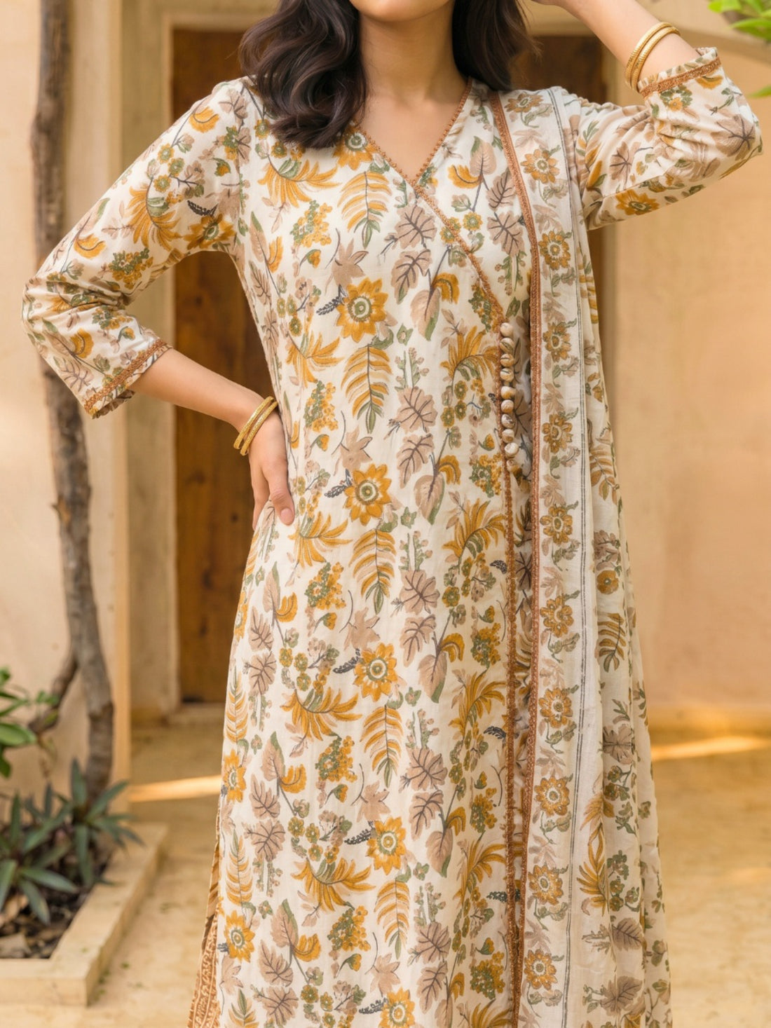 Buy Printed Straight Calf Length Kurta With Pant and Dupatta-Rust