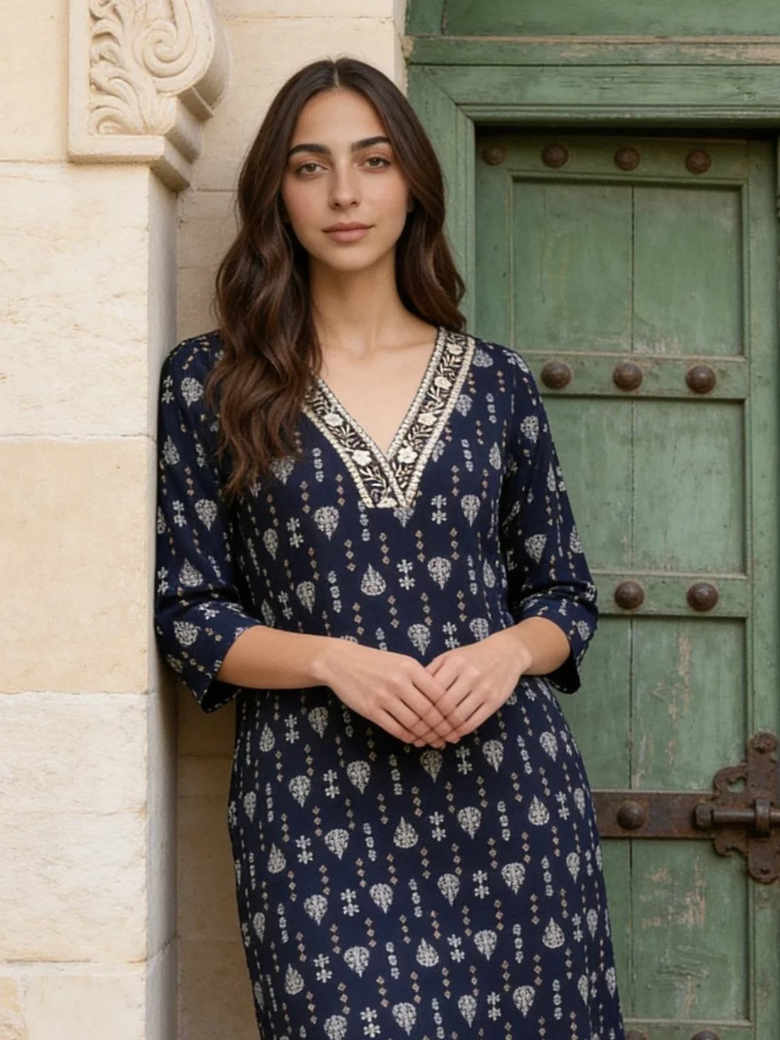 Buy Rayon Embroidered V-Neck Calf Length Kurta-Blue