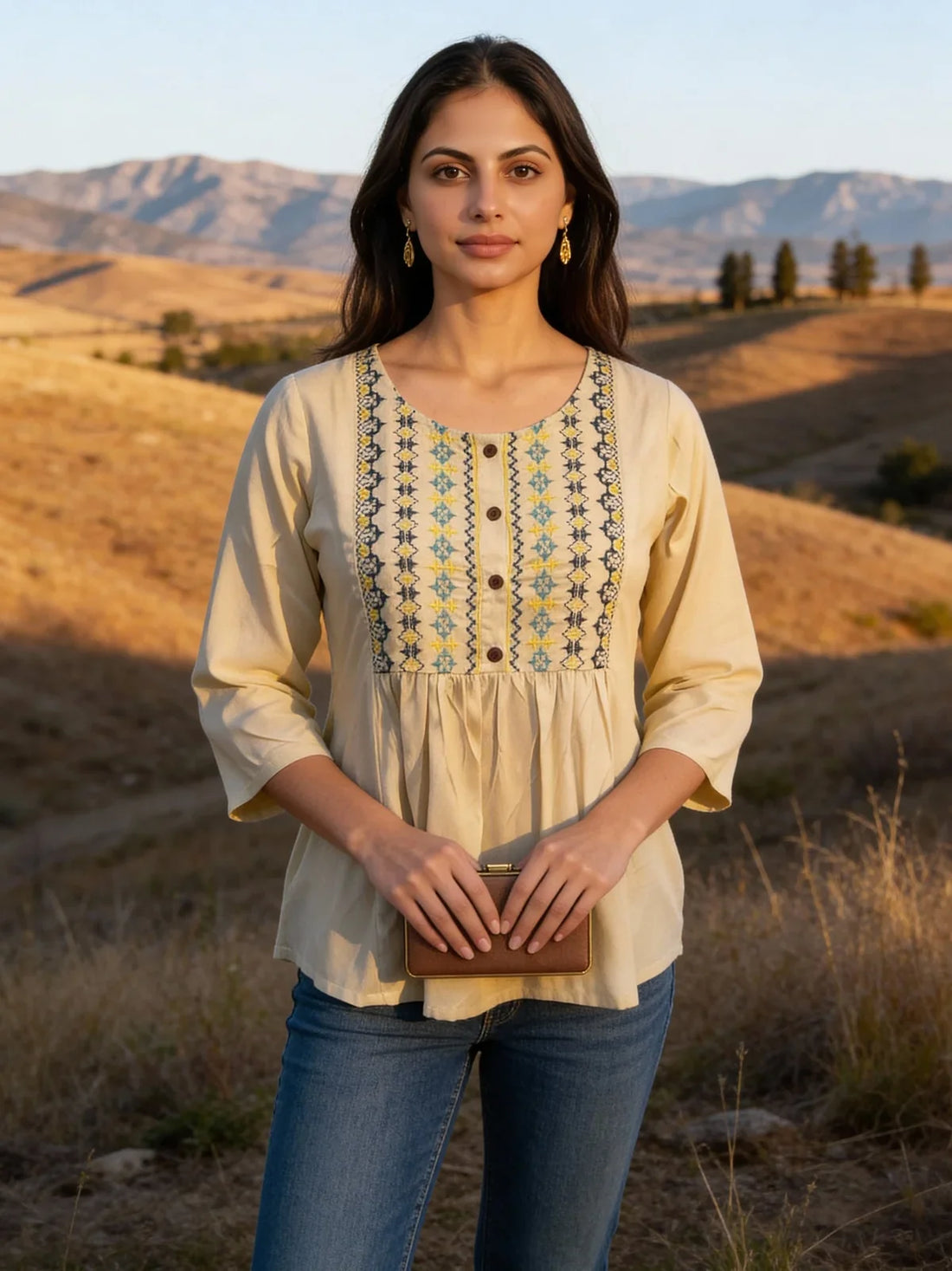 Buy Rayon Embroidered A-Line Short Length Short Kurti-Cream