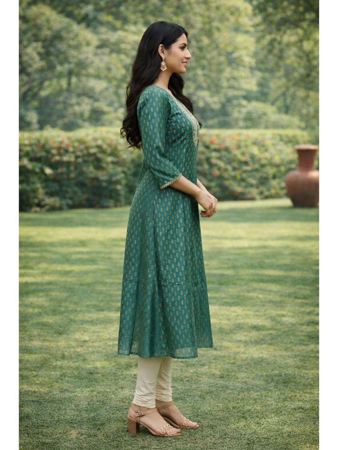 Buy Chanderi Embroidered Anarkali Calf Length Kurta-Teal