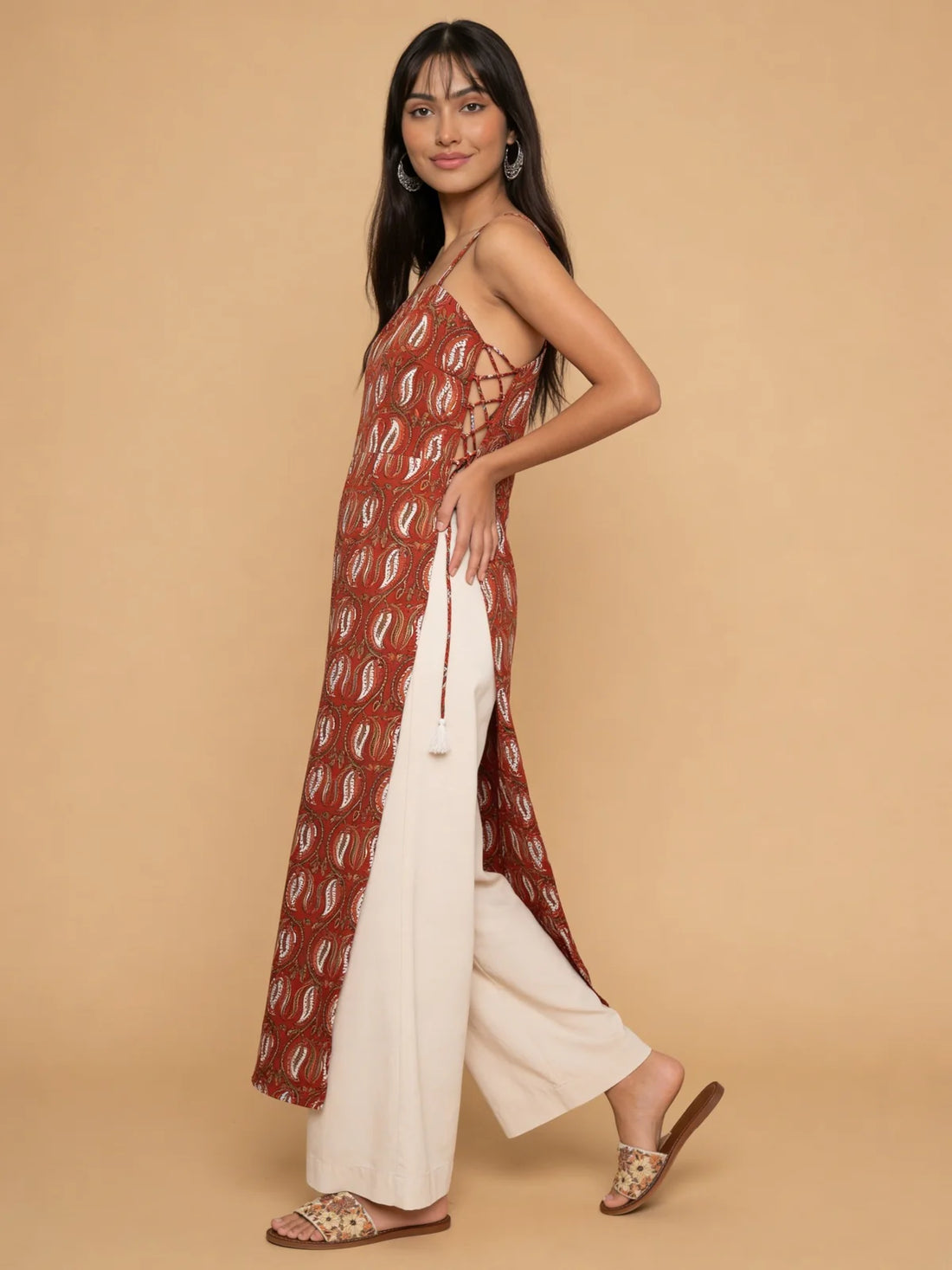 Buy Rayon Printed Straight Calf Length Kurti-Rust