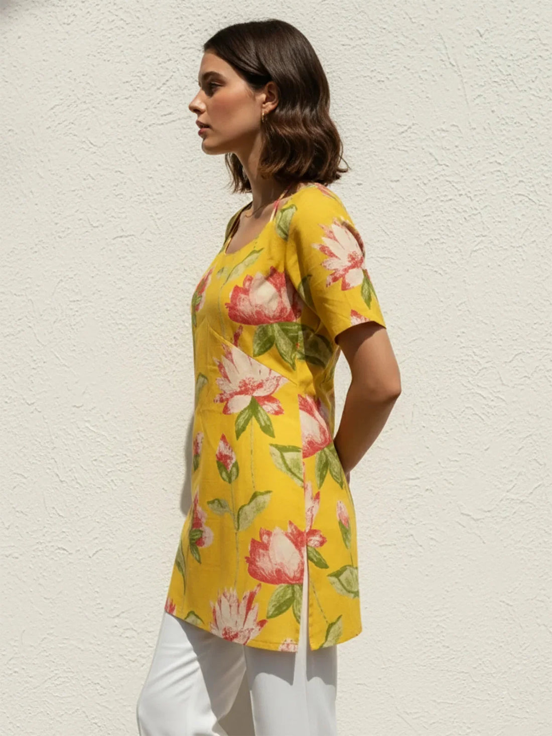 Buy Cotton Cambric Printed Straight Tunic-Yellow