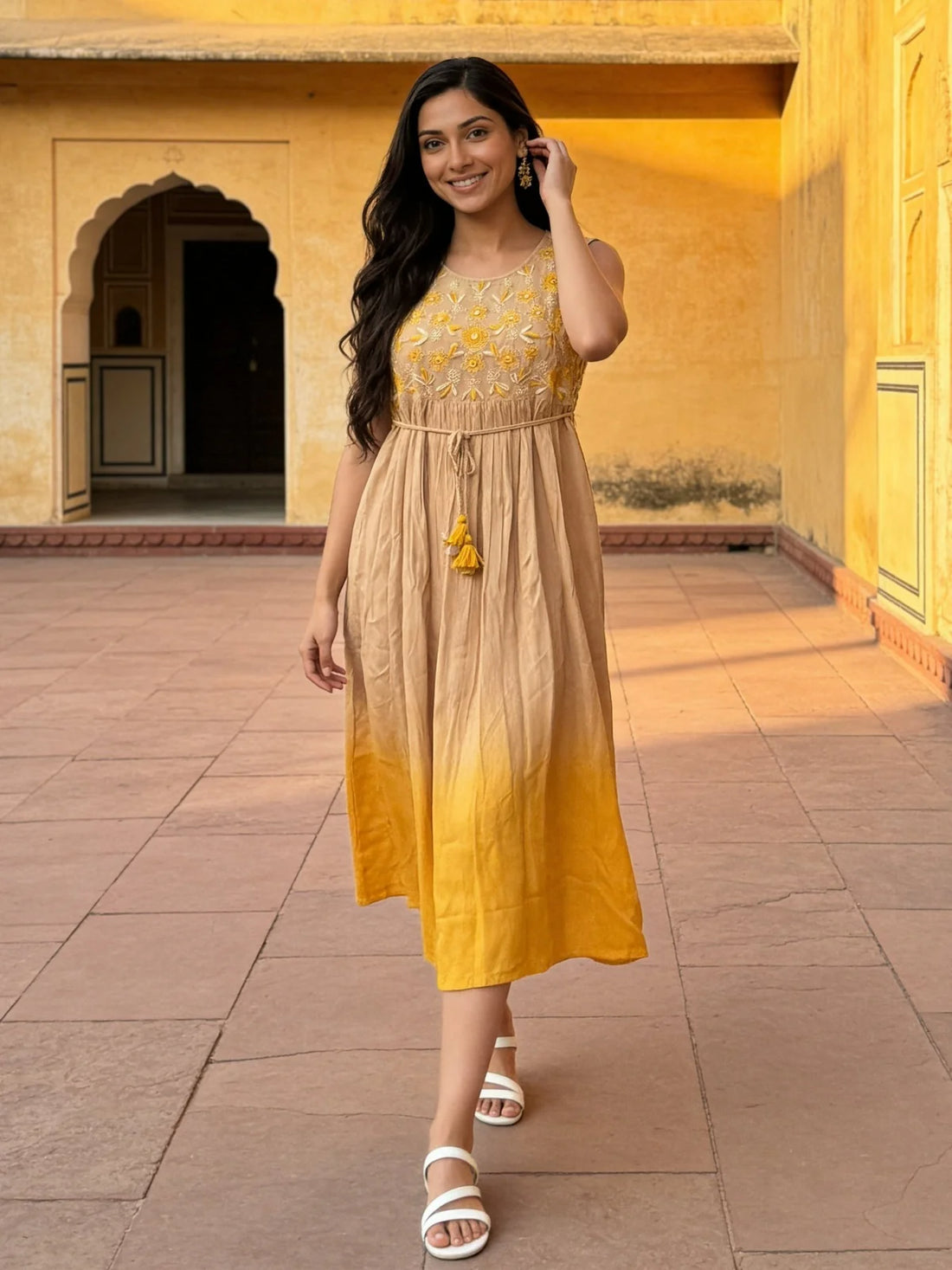 Buy Rayon Embroidered Flared Calf Length Dress-Mustard