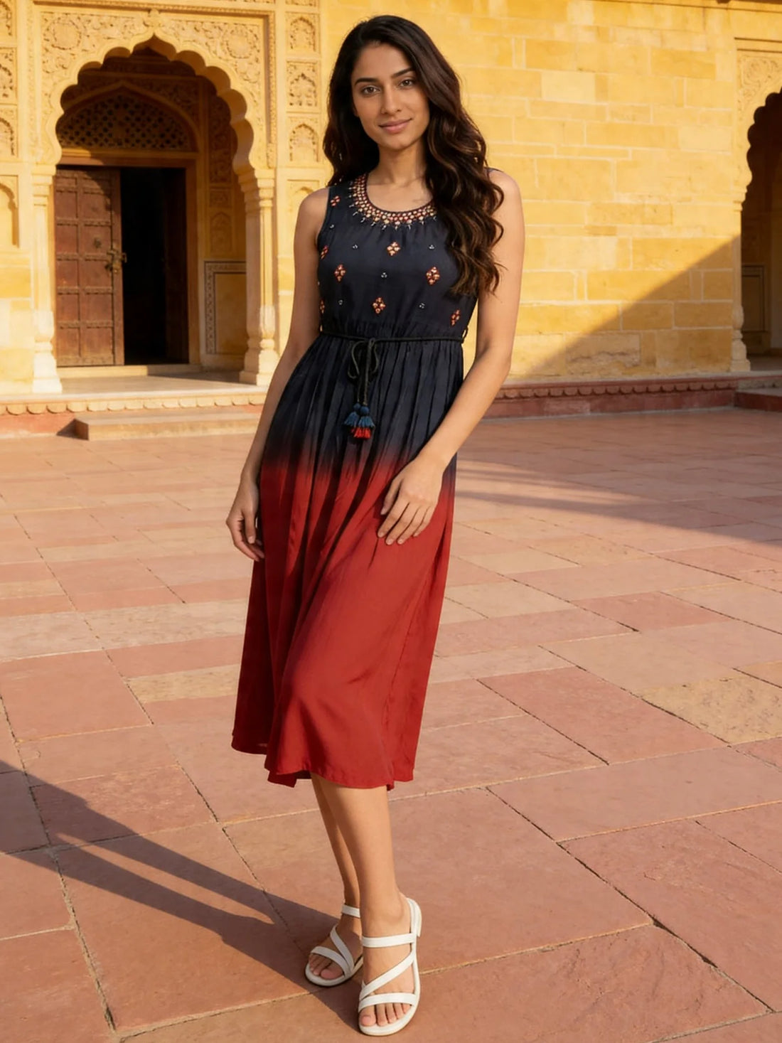 Buy Rayon Embroidered Flared Calf Length Dress-Blue