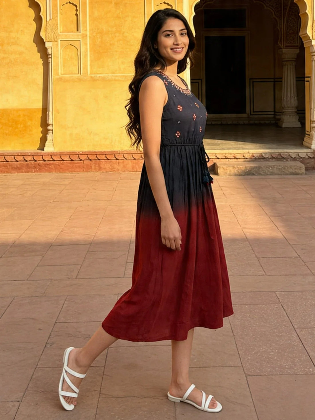 Buy Rayon Embroidered Flared Calf Length Dress-Blue