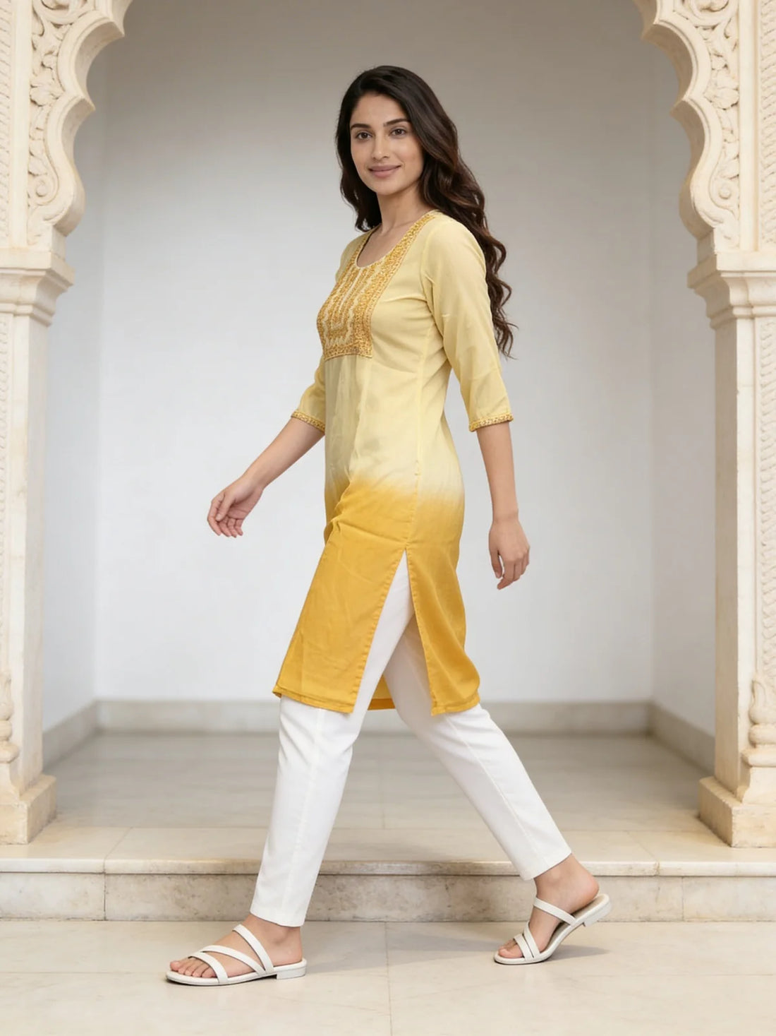 Buy Rayon Embroidered Straight Calf Length Kurta-Mustard