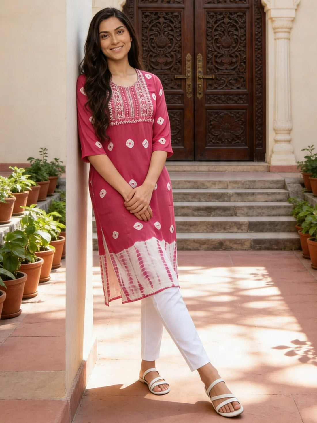 Buy Rayon Embroidered Straight Calf Length Kurta-Pink