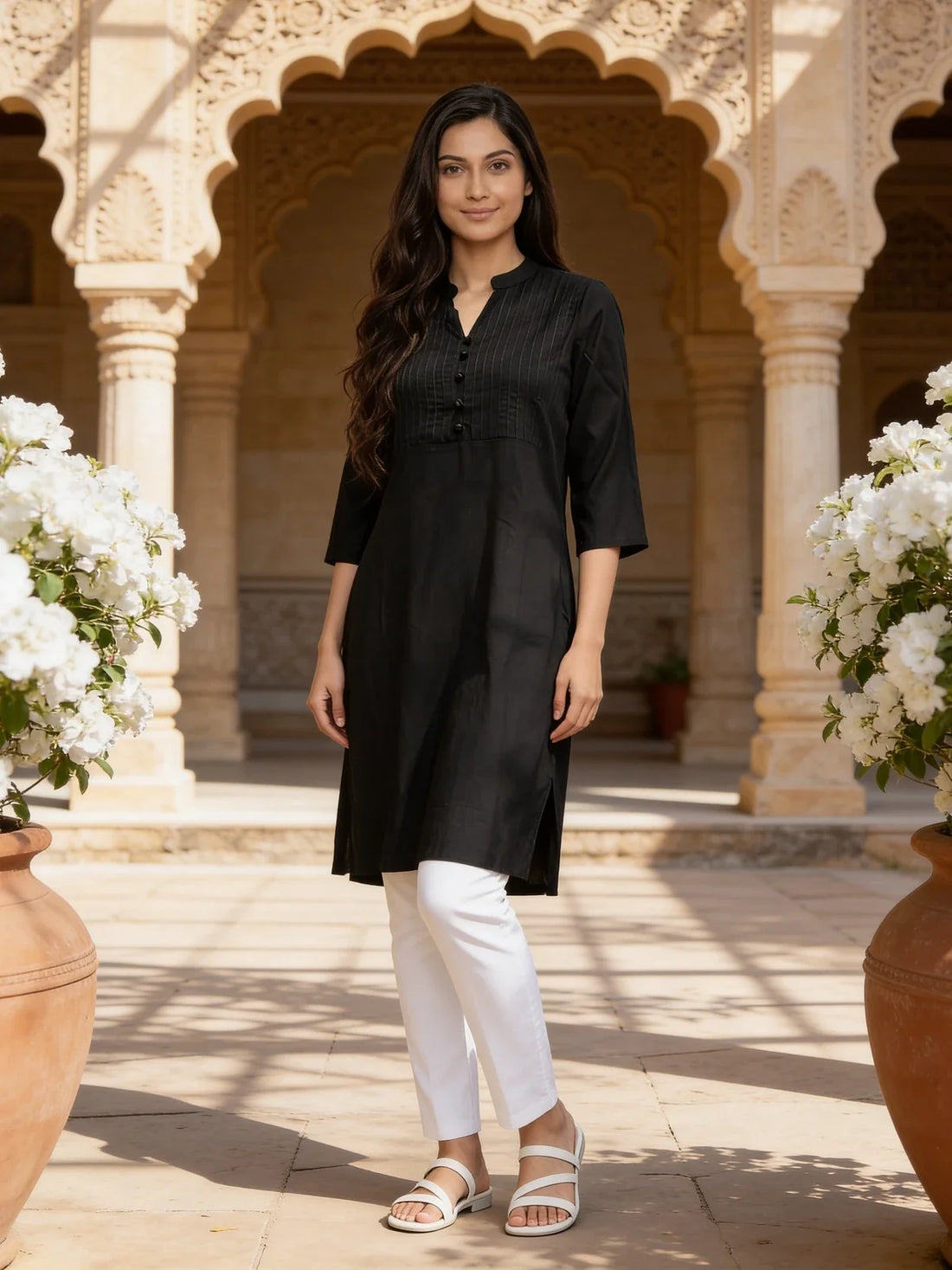 Buy Cotton Solid Straight Knee Length Kurta-Black