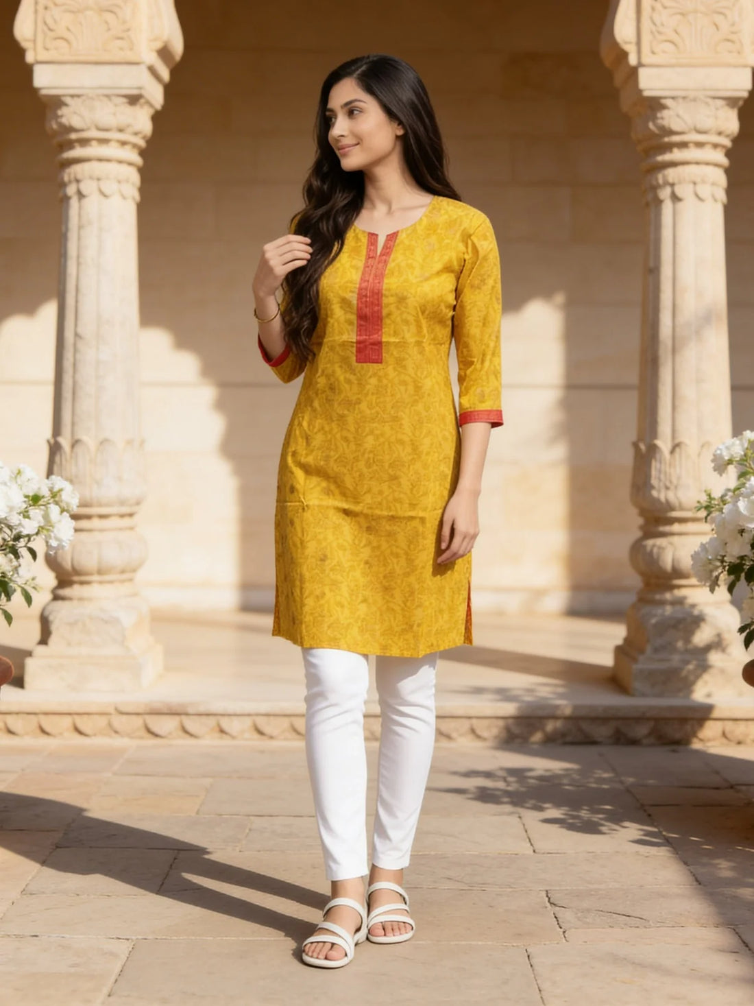 Buy Cotton Printed Straight Knee Length Kurta-Mustard