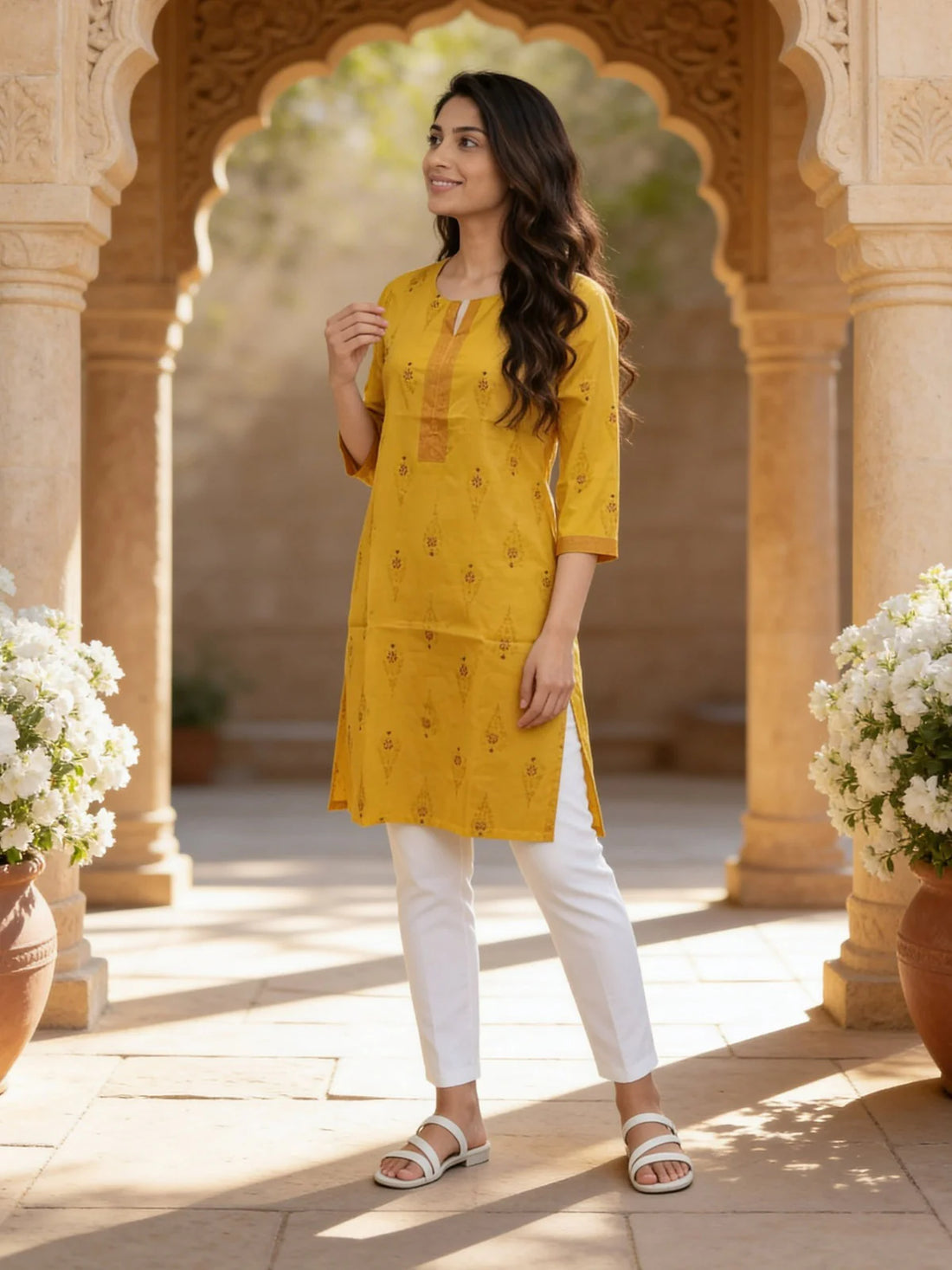Buy Cotton Printed Straight Knee Length Kurta-Mustard