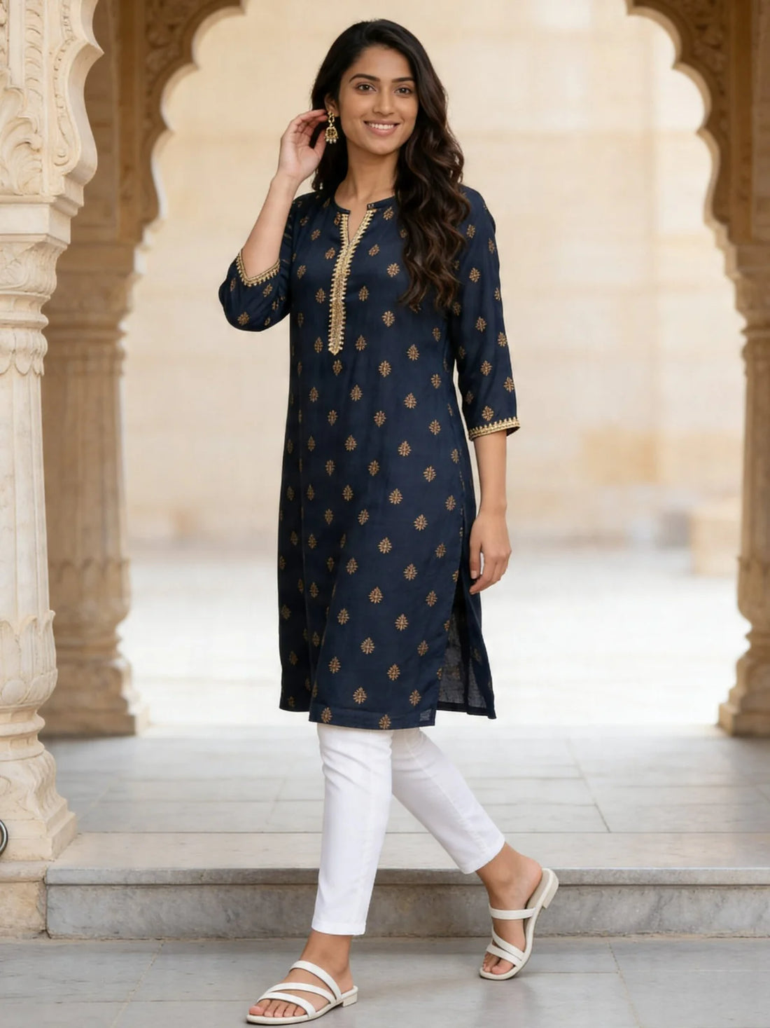 Buy Rayon Embroidered Straight Knee Length Kurta-Blue