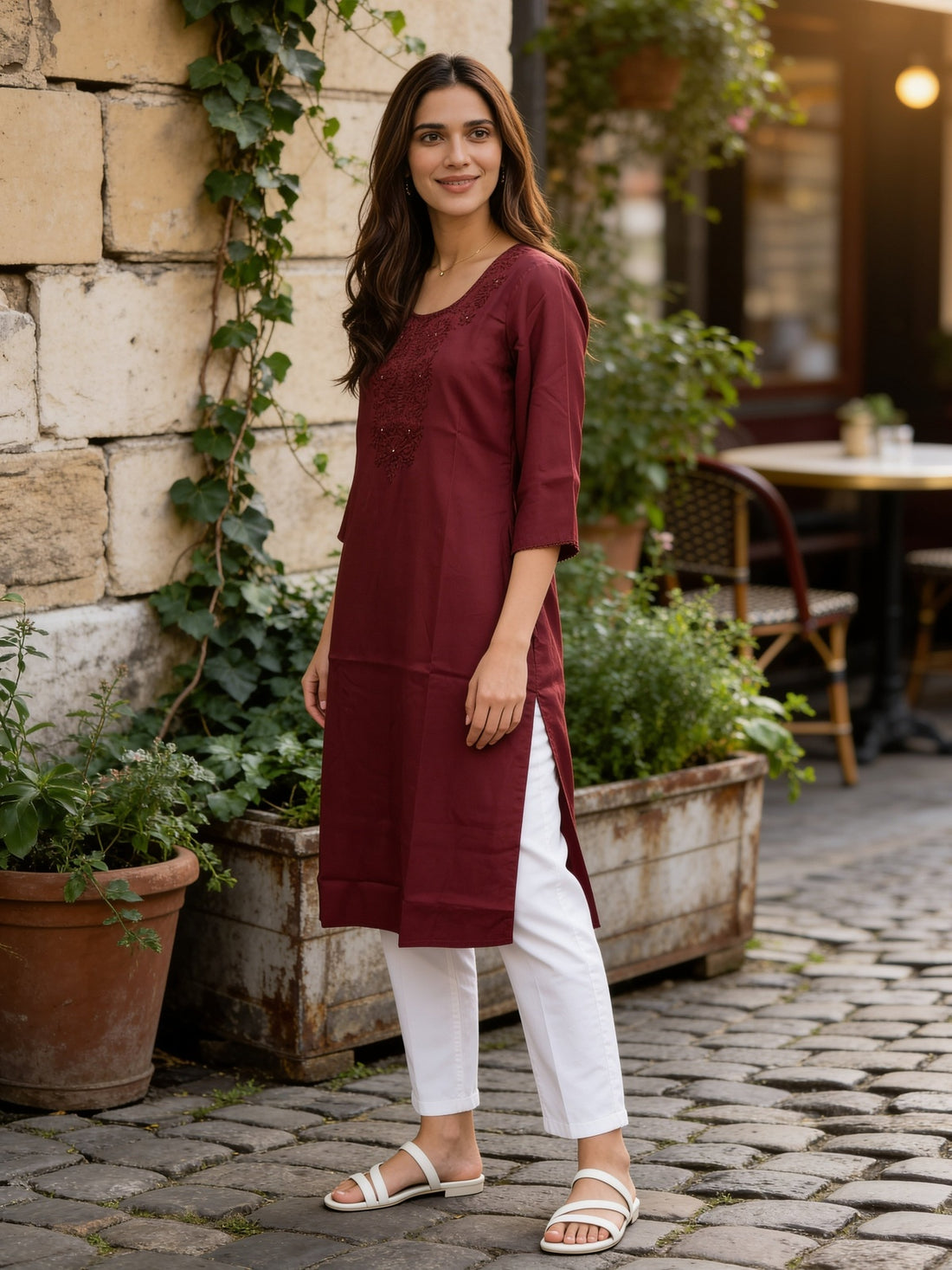 Buy Rayon Embroidered Straight Knee Length Kurta-Maroon
