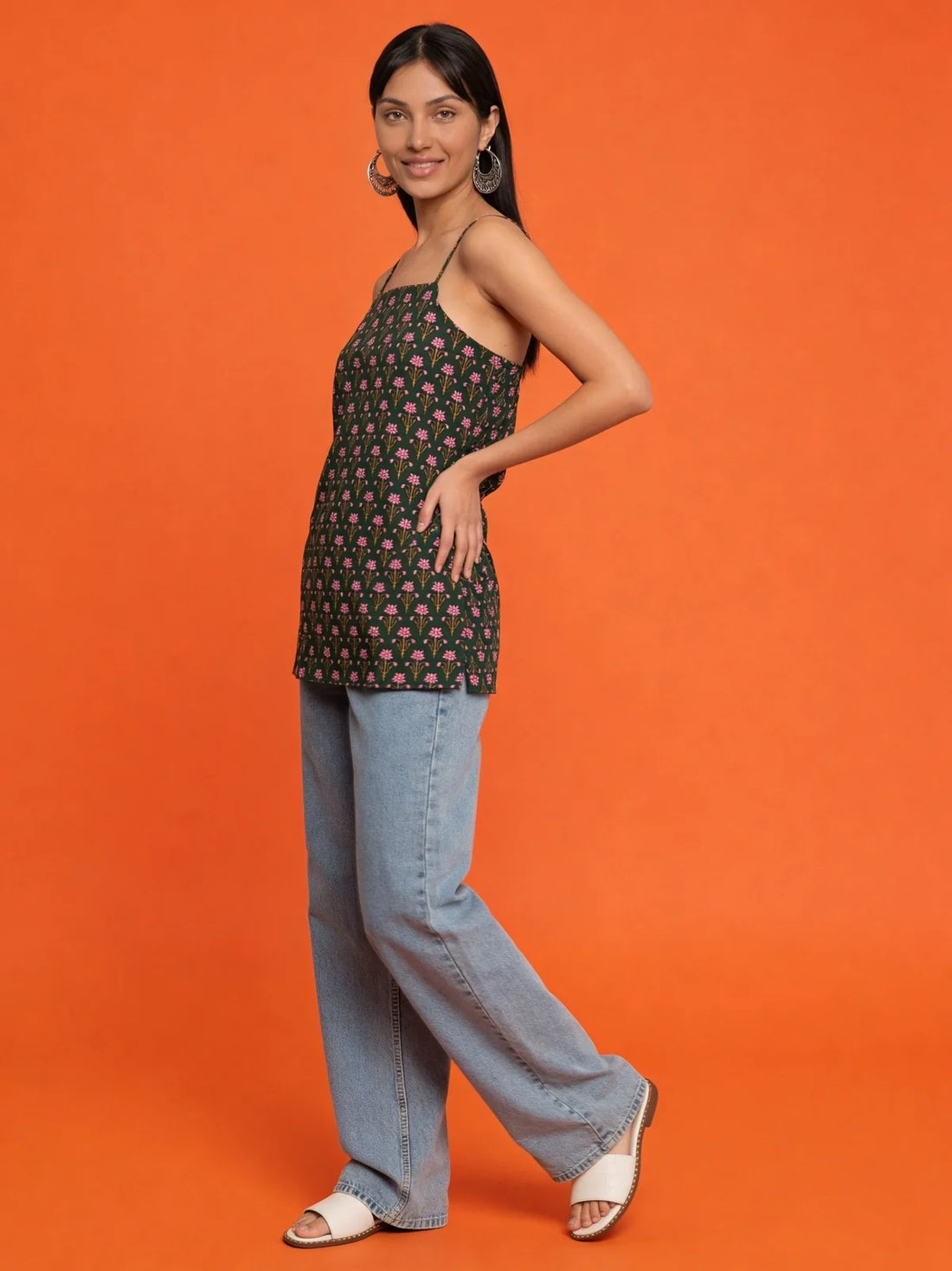 Buy Dark Green Cotton Printed Straight Tunic-Dark Green