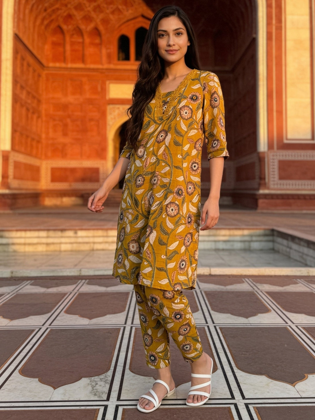Buy Cotton Printed Straight Co-Ord Set-Mustard
