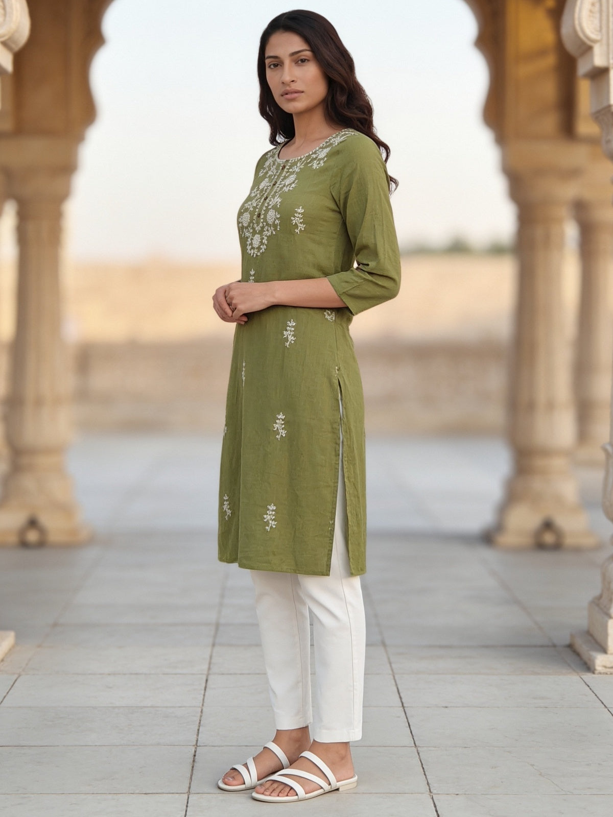 Cotton Embroidered Straight Calf Length Kurta