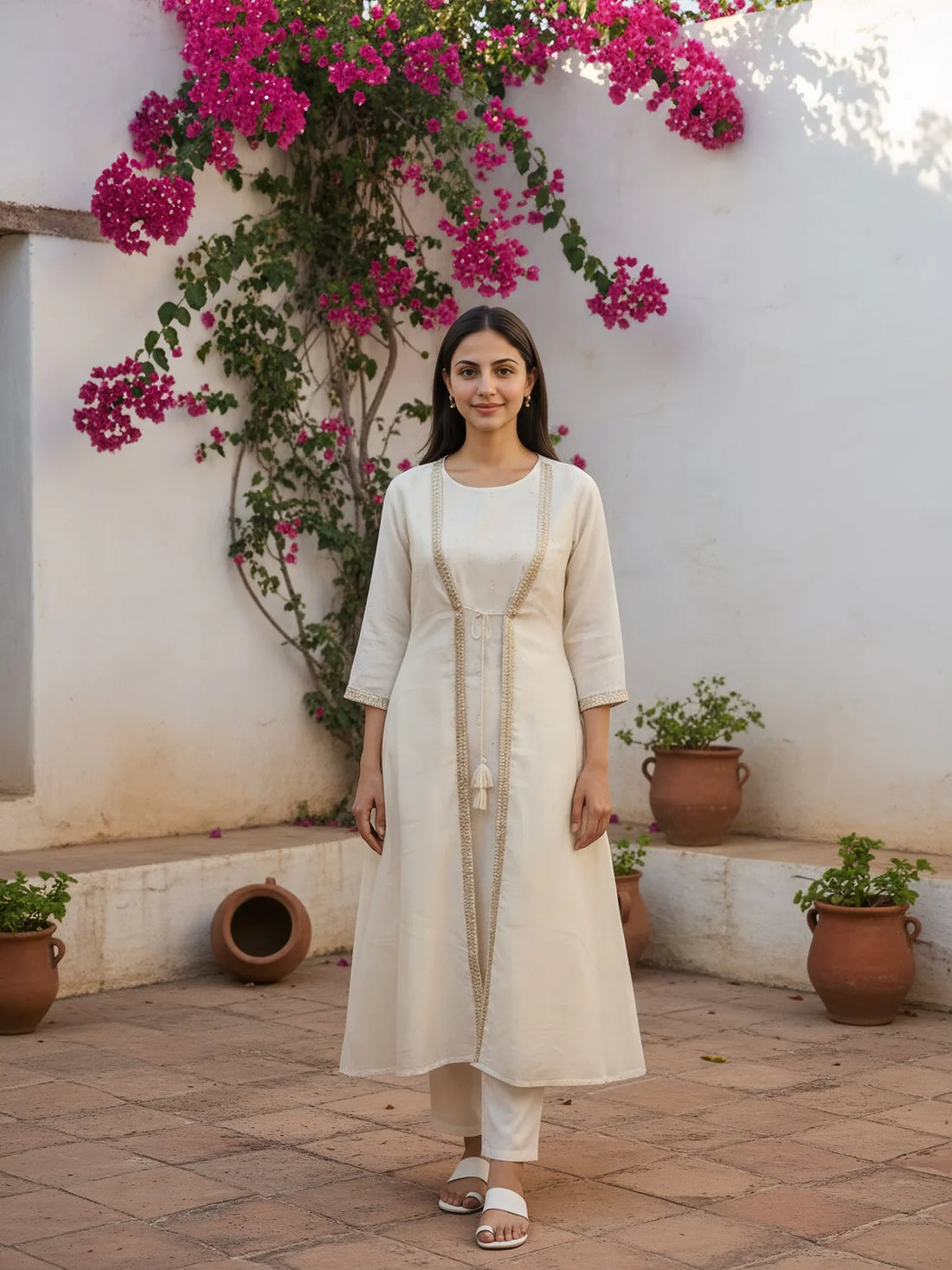 Buy Chanderi Embroidered Anarkali Calf Length Kurta and Pant With Jacket-Off White