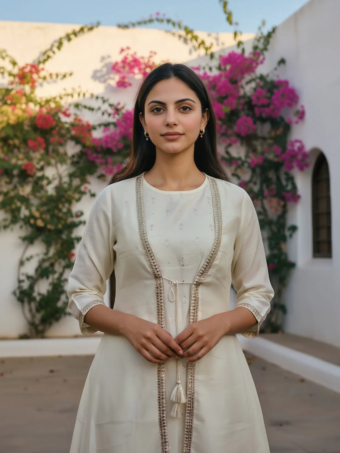 Buy Chanderi Embroidered Anarkali Calf Length Kurta and Pant With Jacket-Off White