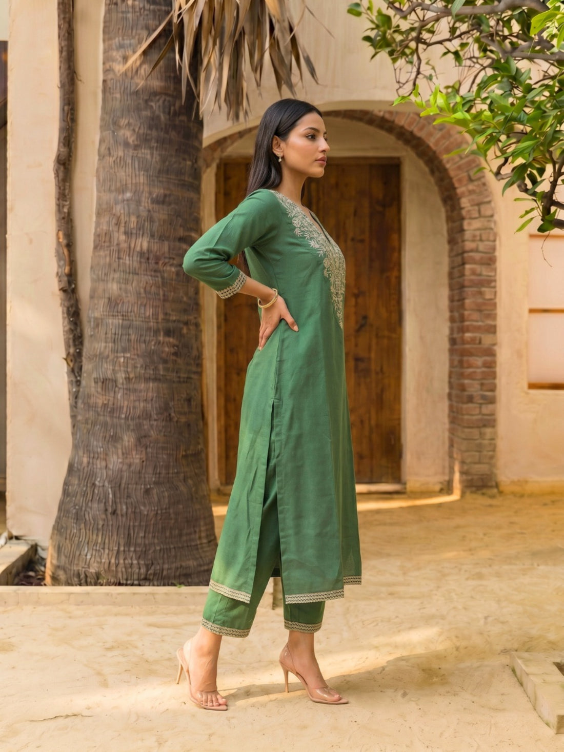 Buy Embroidered Straight Calf Length Kurta With Pant-Green